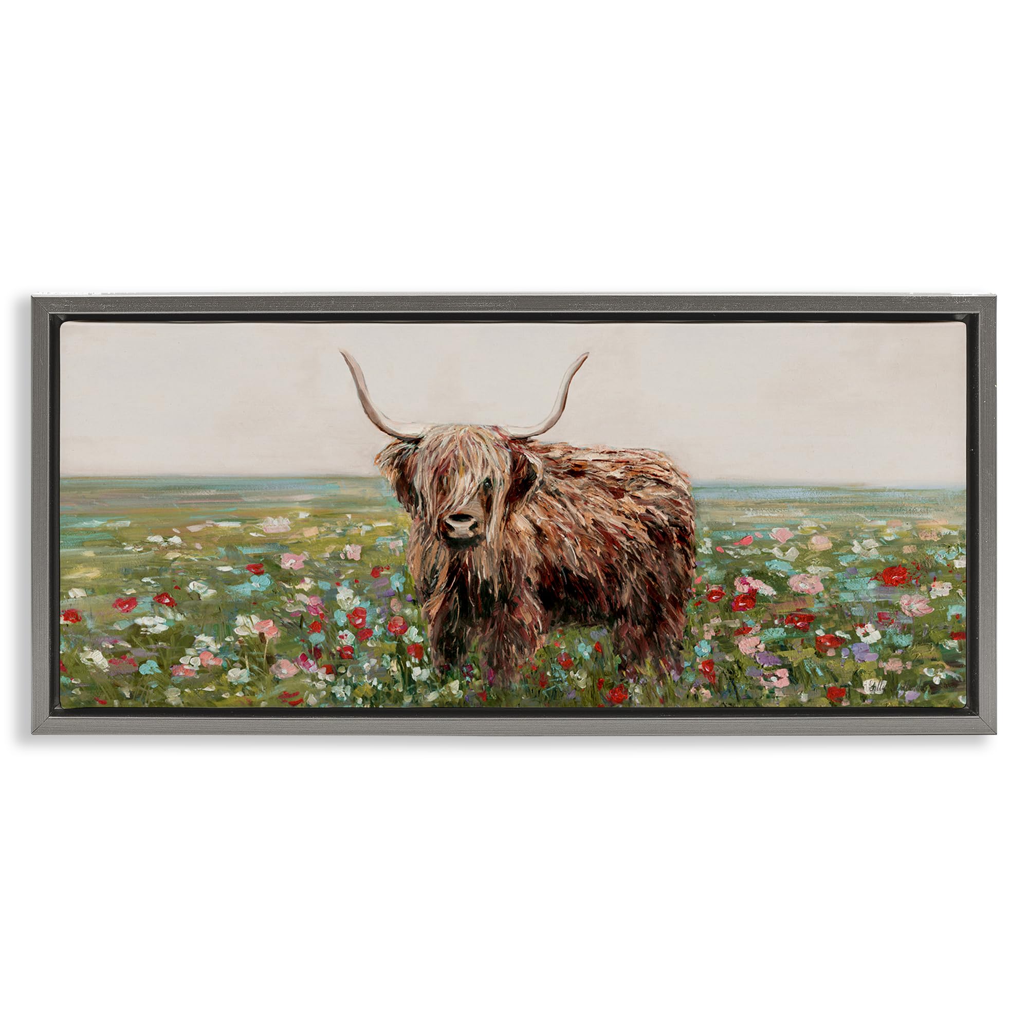 Stupell Industries 'Grazing In Poppy Field', Floating Frame Canvas Art, Gray, 25 x 11 Inches, Easy to Hang and Sturdy, Made in USA, by Sally Swatland