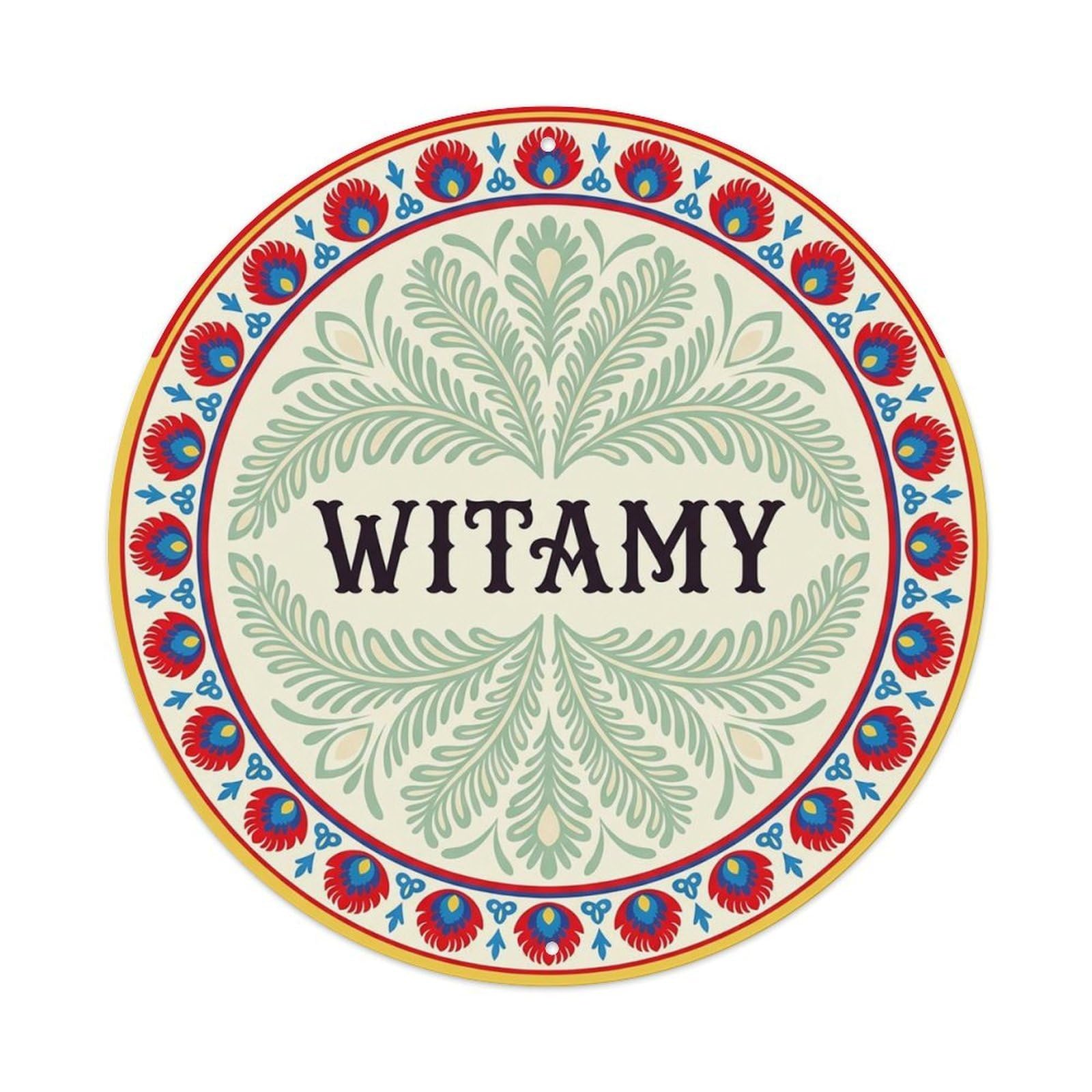 Vintage Polish Folk Art Witamy Welcome Feather Fern Metal Tin Sign