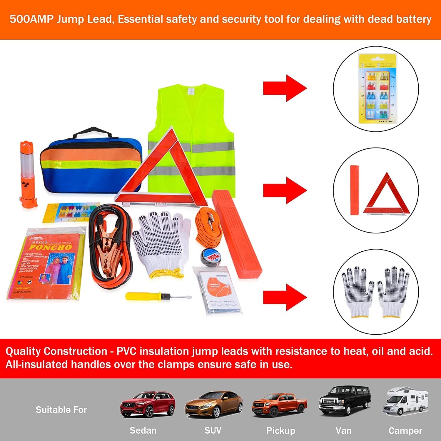KAHEIGN Kits D'urgence 12 en 1 Pour Voiture, Voiture Dépannage Kit Inclus Signalisation Triangle, Visibilité Gilet, Remorquage Corde, Marteau Utilitaire, Saut Plomb, Voiture Fusible, Rangement Sac