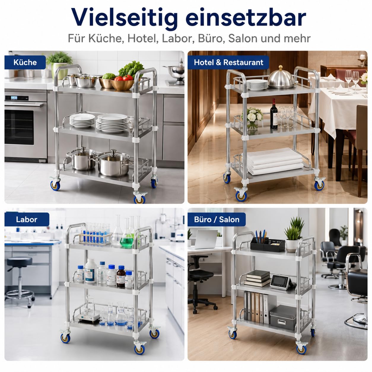 Carro de servicio de acero inoxidable con 3 niveles, 50 x 40 x 86 cm, carrito de cocina con 4 ruedas universales, 2 frenos, 25 kg por nivel, carrito de transporte para cocina, laboratorio