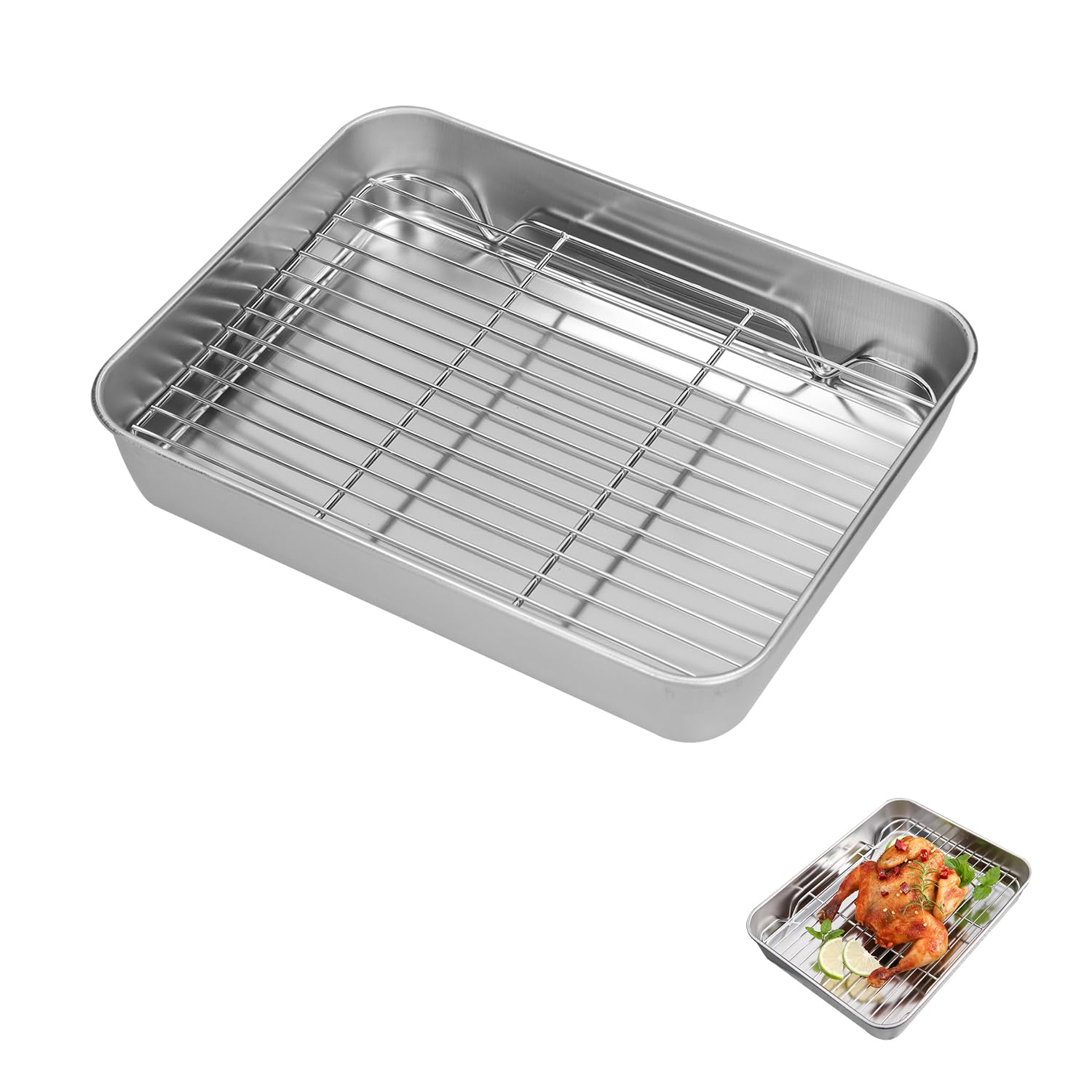 Roasting Pan, Stainless Steel Turkey Roaster with Rack Nonstick Roasting Pan for Roast Chicken, Roasts and Turkeys, Dishwasher and Oven Safe (L- 26.5x20.5x5cm)