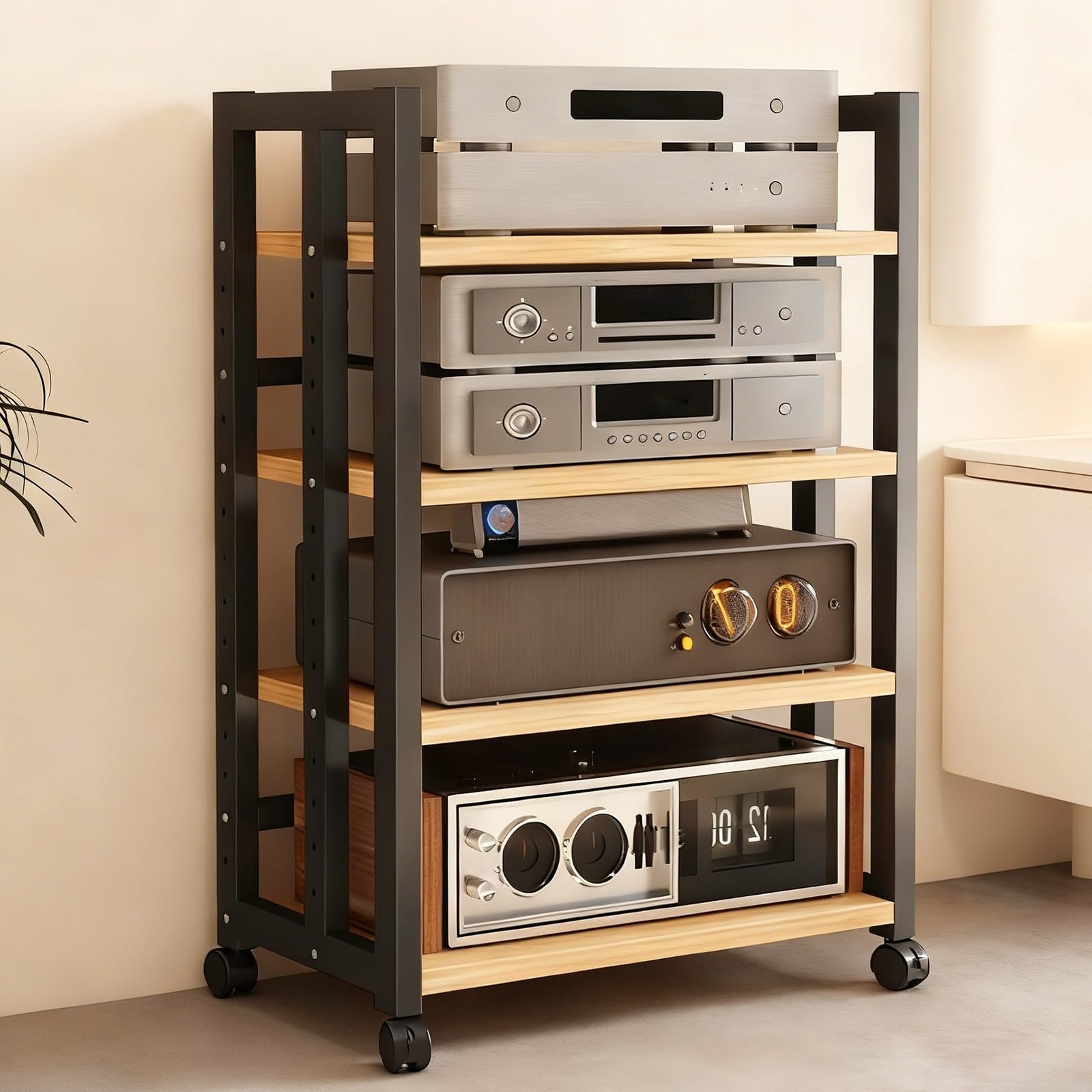 Chariot de matériel audio à roulettes robuste, étagère réglable en bois pour économiser de l'espace - Rack stéréo AV pour bureau, chambre à coucher et salon (100 cm)