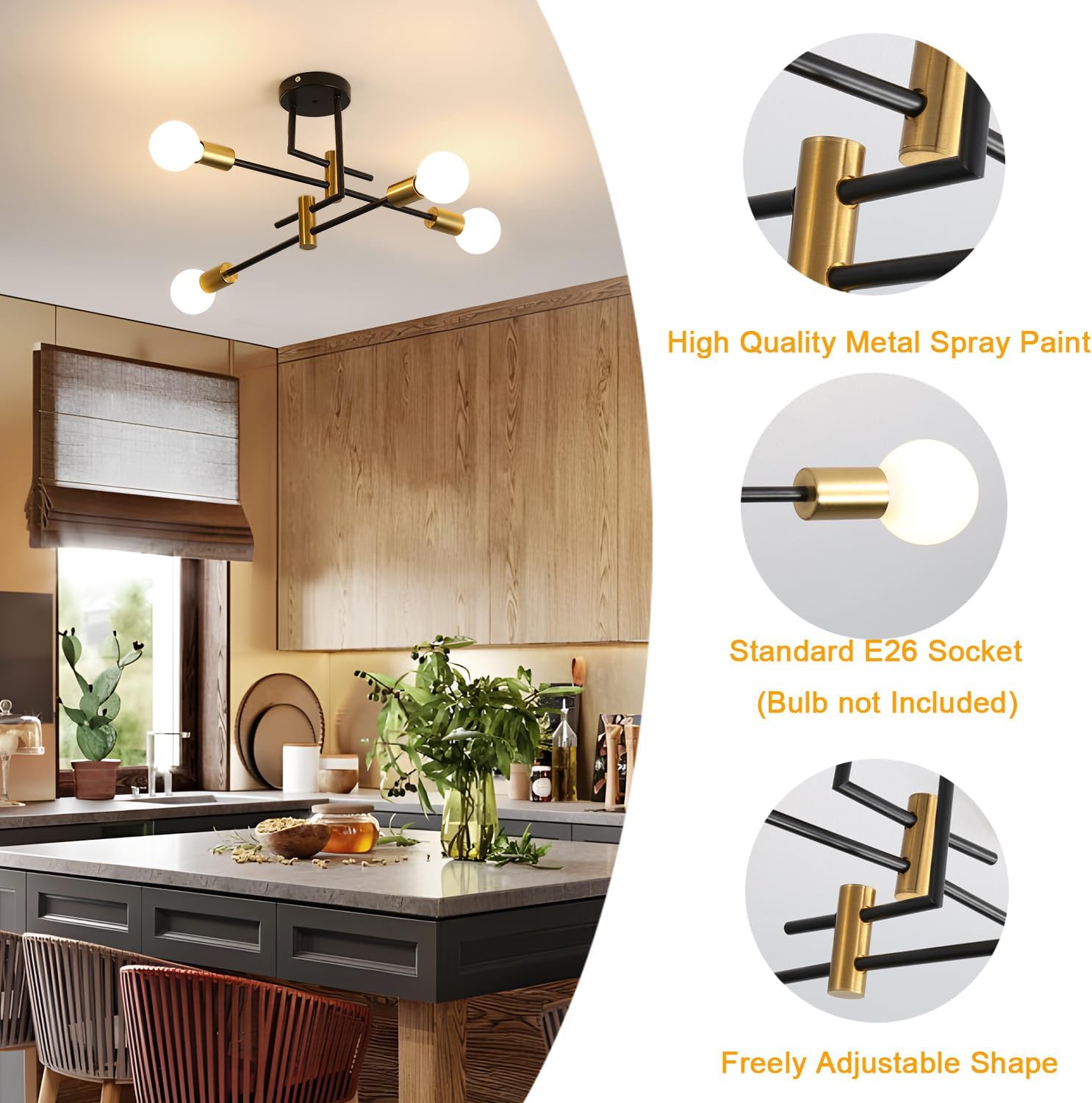 Sputnik Ceiling Light Fixture, 4 Light Black and Gold Sputnik Lighting Fixture Semi Flush Mount Modern Industrial Ceiling Chandelier for Bedroom, Living Room, Kitchen, Dining Room, Hallway