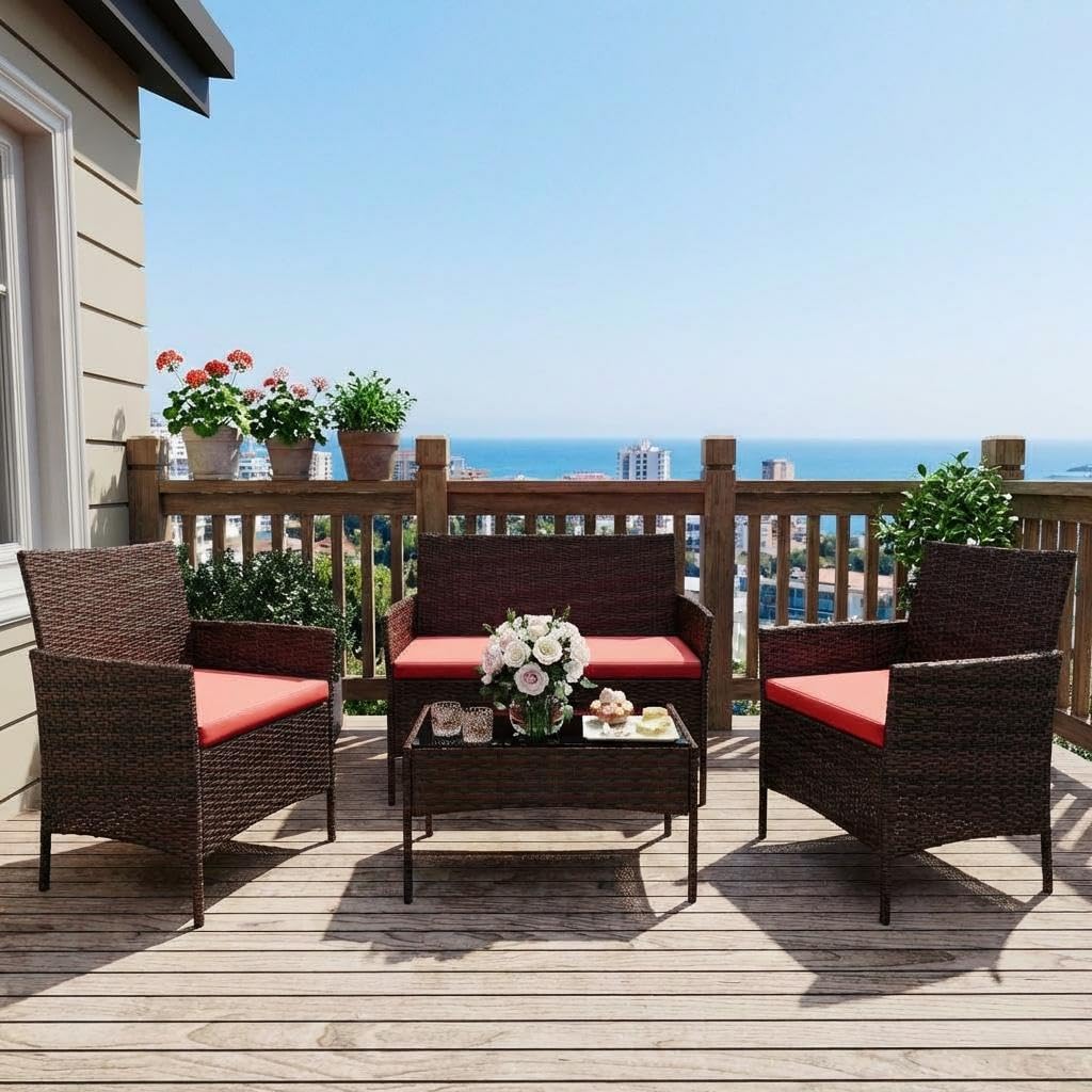 GarveeHome Modern 4-Person Outdoor Bistro Set with Tempered Glass Table – Weather-Resistant PE Rattan & Iron Frame Patio Furniture, Thick Red & Brown Polyester Cushions for Garden, Balcony, Deck
