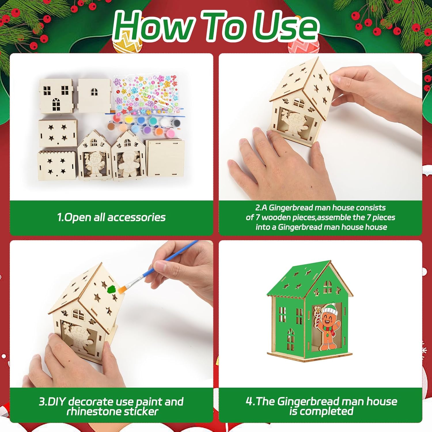 Fennoral 14 Pack Wooden Gingerbread House Craft Kit for Kids Make You Own 3D Gingerbread Man House Kit DIY Christmas Arts and Crafts for Chirstmas Party Supplies Christmas Table Decoration