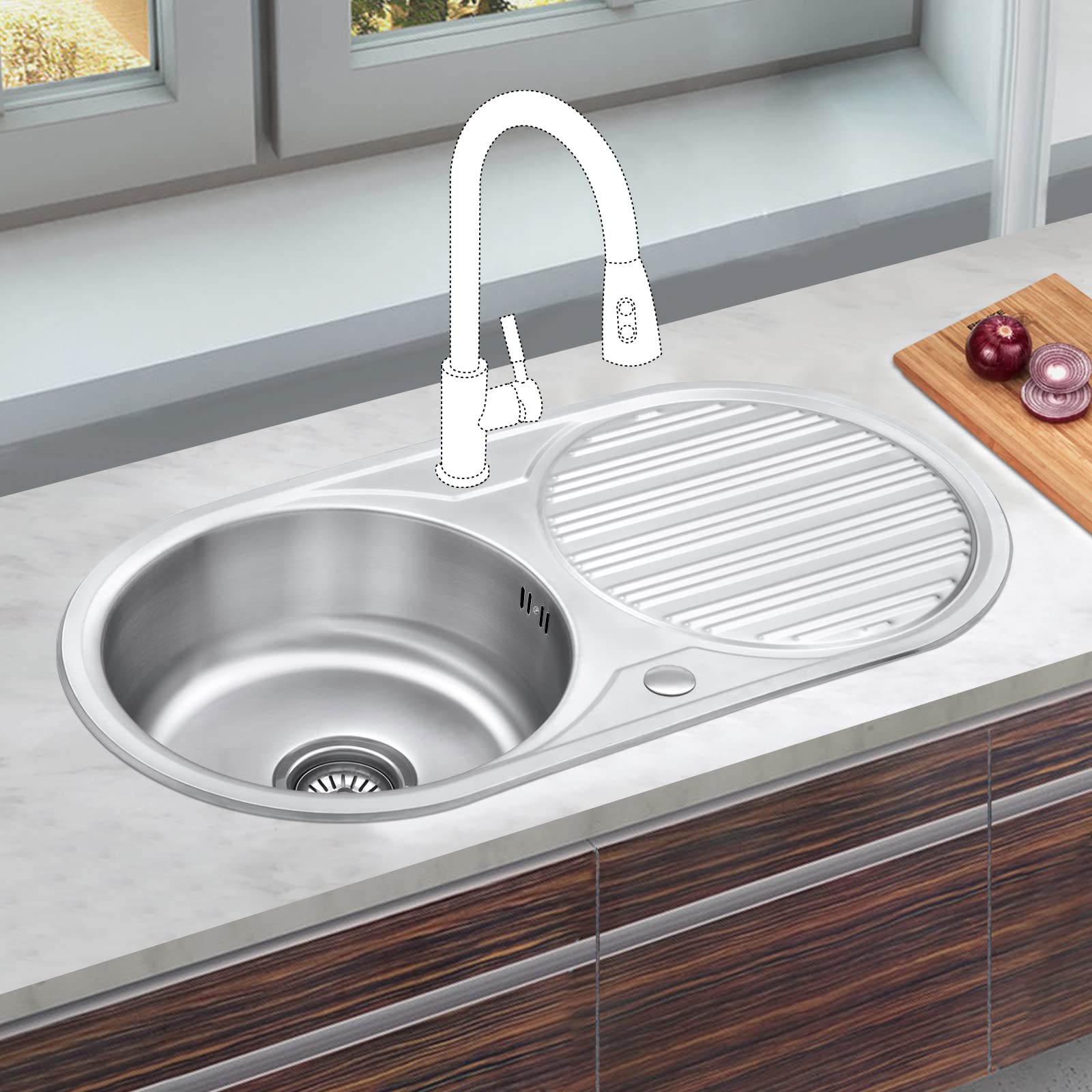 JASSFERRY Fregadero de cocina un seno, de Acero Inoxidable, escurridor reversible, con colador de residuos