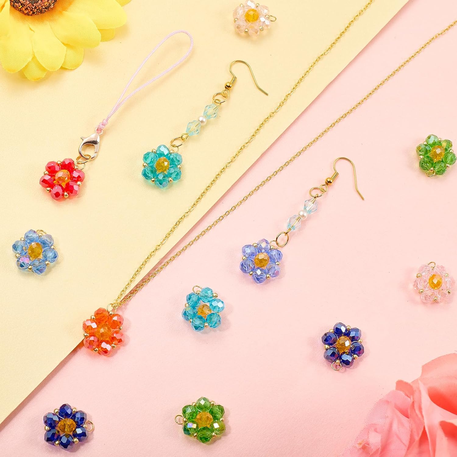 32Pcs 8 Color Flower Charms for Jewelry Making Charms Mix Color Glass Seed Beads Pendants for Bracelet Necklace Earring Keychain DIY Supplies - Image 5