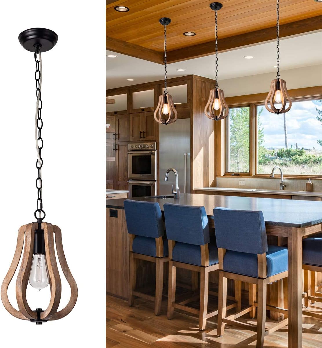 Wood & Metal Chandelier Fixture Antique Pendant Lamp Rustic Farmhouse Iron Wooden Chandelier Pendant Light Retro Ceiling Light Fixture for Kitchen Island 1XE26, UL Listed Wires, Medium1, by YIFI