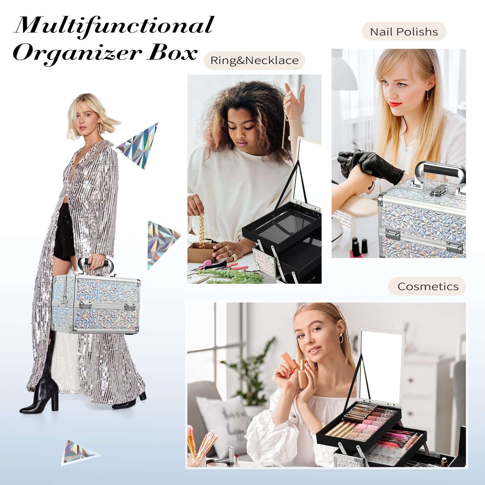 Joligrace Vanity Case - Scatola per trucchi e cosmetici, organizer per trucchi e gioielli, con specchio, chiudibile a chiave, Argento brillante, argento
