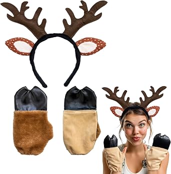 Deer Costume Set, Deer Ears Headband and Front Hooves Gloves Cute Reindeer Costume Cosplay Accessories for Halloween Christmas Birthday Theme Parties