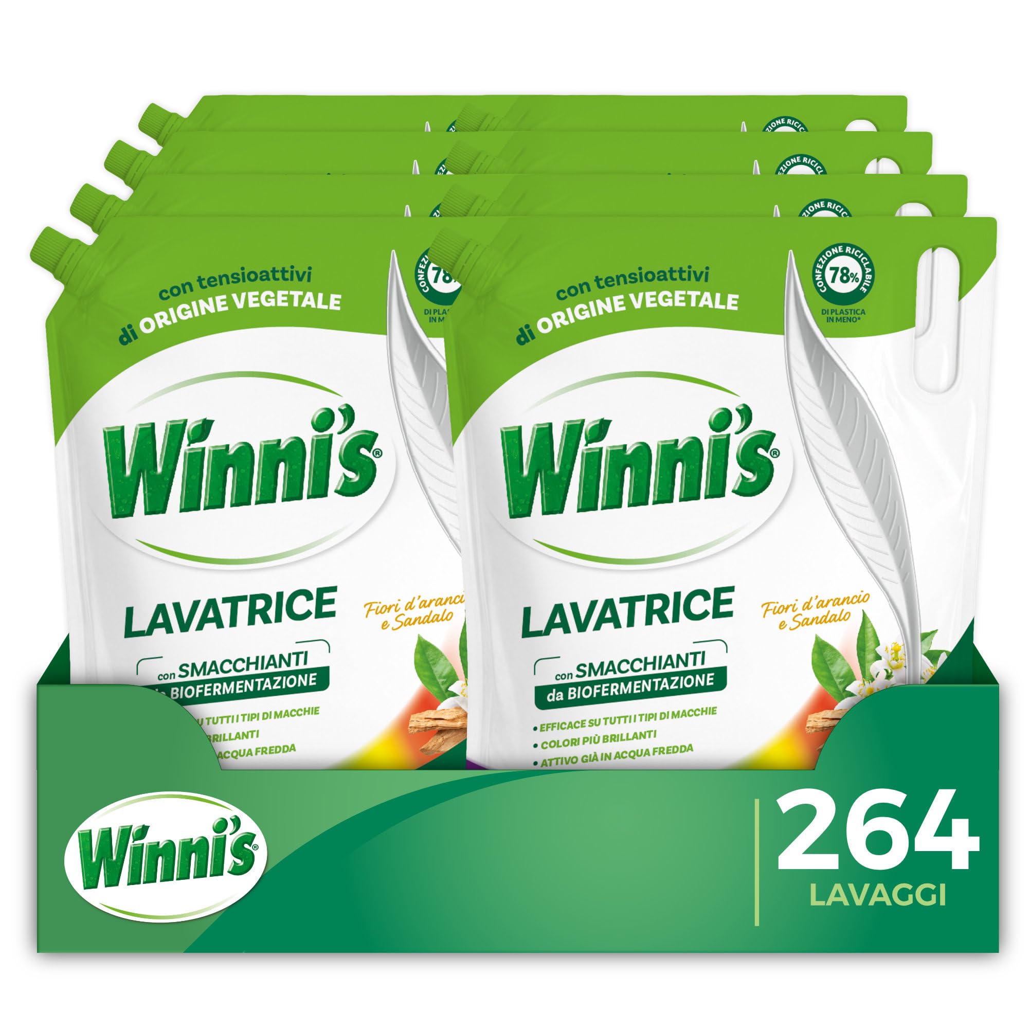 Winni's - Detersivo Lavatrice Ipoallergenico Ecoformato, Capi Colorati, 264 Lavaggi, Fiori d'Arancia e Sandalo, Smacchianti Naturali da Biofermentazione e Materie Prime Vegetali, 1485ml x 8 Confezioni
