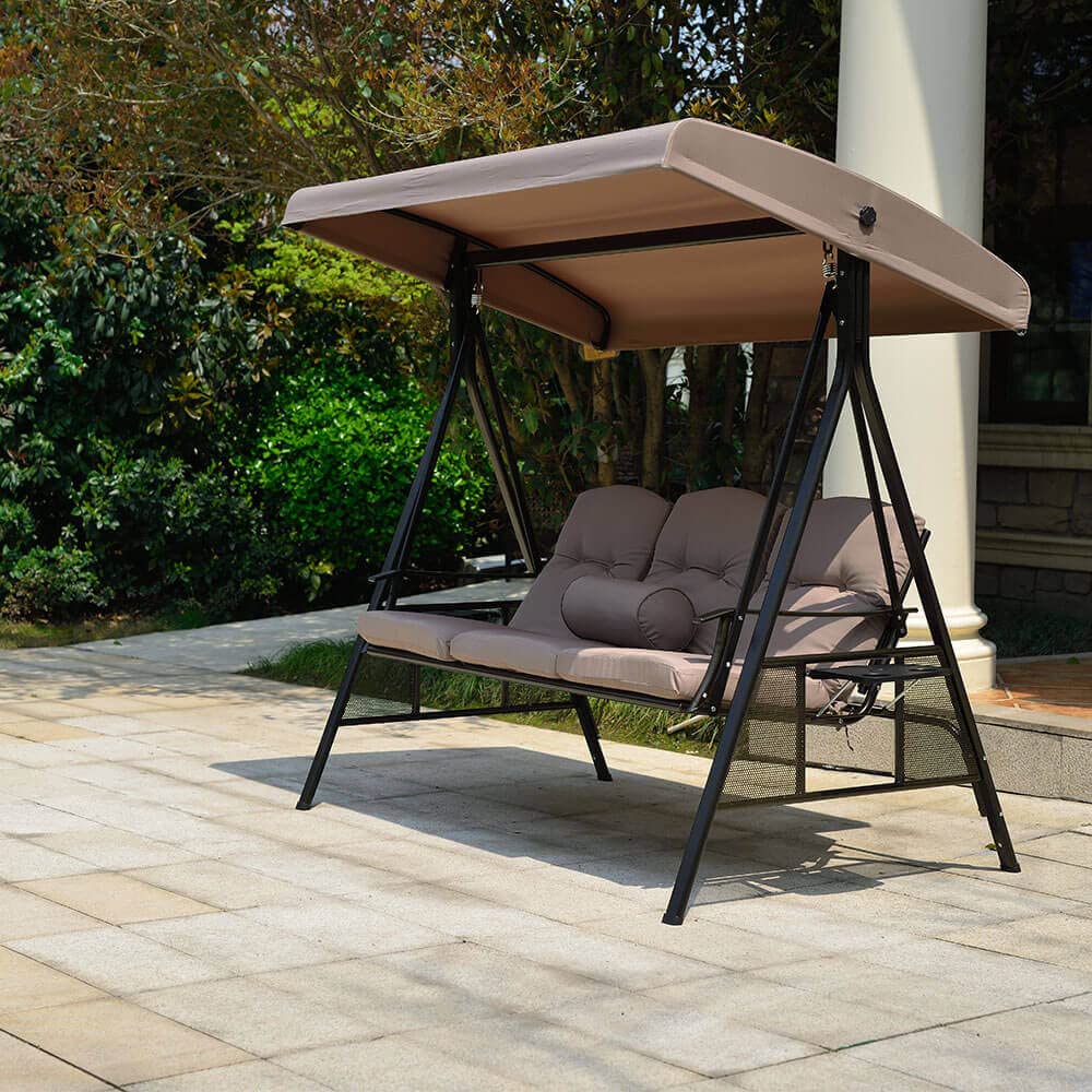 Home Deluxe - Hollywoodschaukel DESCANSO Beige mit Abdeckung - 3-Sitzer, B/H/L 115cm x 195cm x 198cm, inkl. Getränkehalter, Sitz- und Rückenkissen I Gartenliege Gartenlounge Schaukelliege