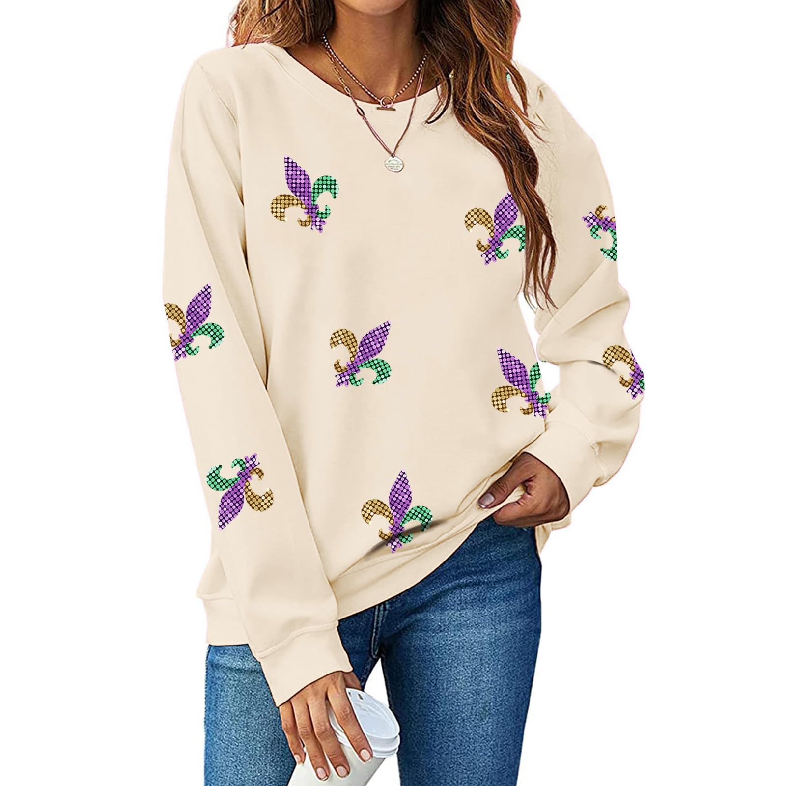 Mardi Gras Sweatshirt for Women Carnival Sequin Sparkle Sweater Purple Masks Crewneck Long Sleeve-picture-34