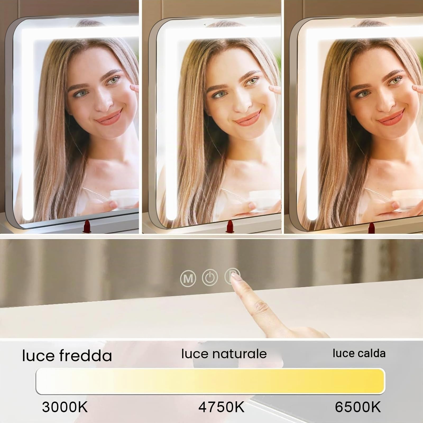 Specchio Trucco con Luci, 58x43cm Hollywood Specchio Trucco con Luce LED, Specchio da Tavolo con Controllo Tattile e 3 Modalità di Illuminazione - Vanity Mirror Make Up