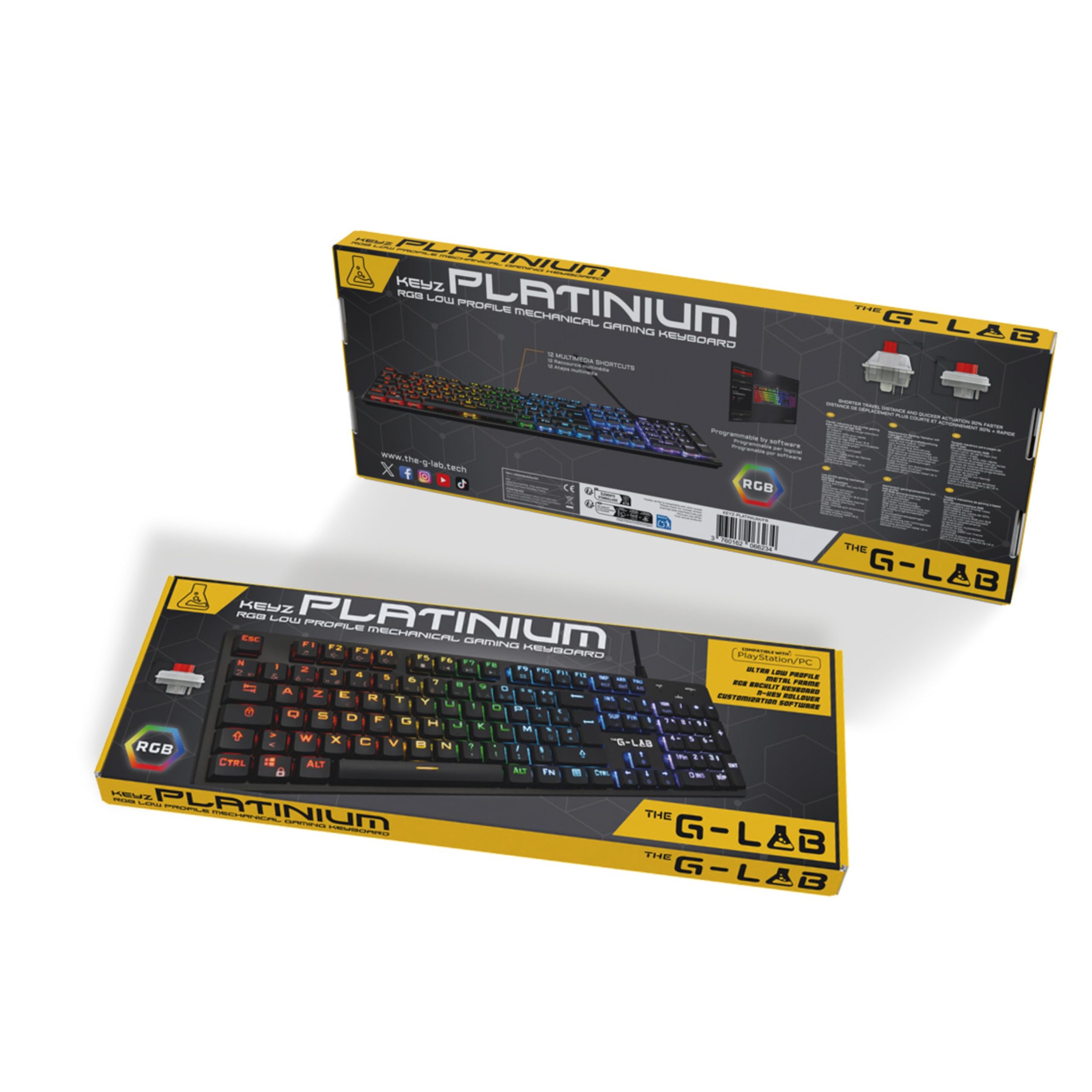 The G-Lab Keyz Platinium Tastiera Meccanica Gamer AZERTY FR Red Switch Low Profile - Retroilluminazione RGB 100% Personalizzabile, Anti-Ghosting Total - PC/PS4/PS5/Xbox - Nuovo 2022, Nero