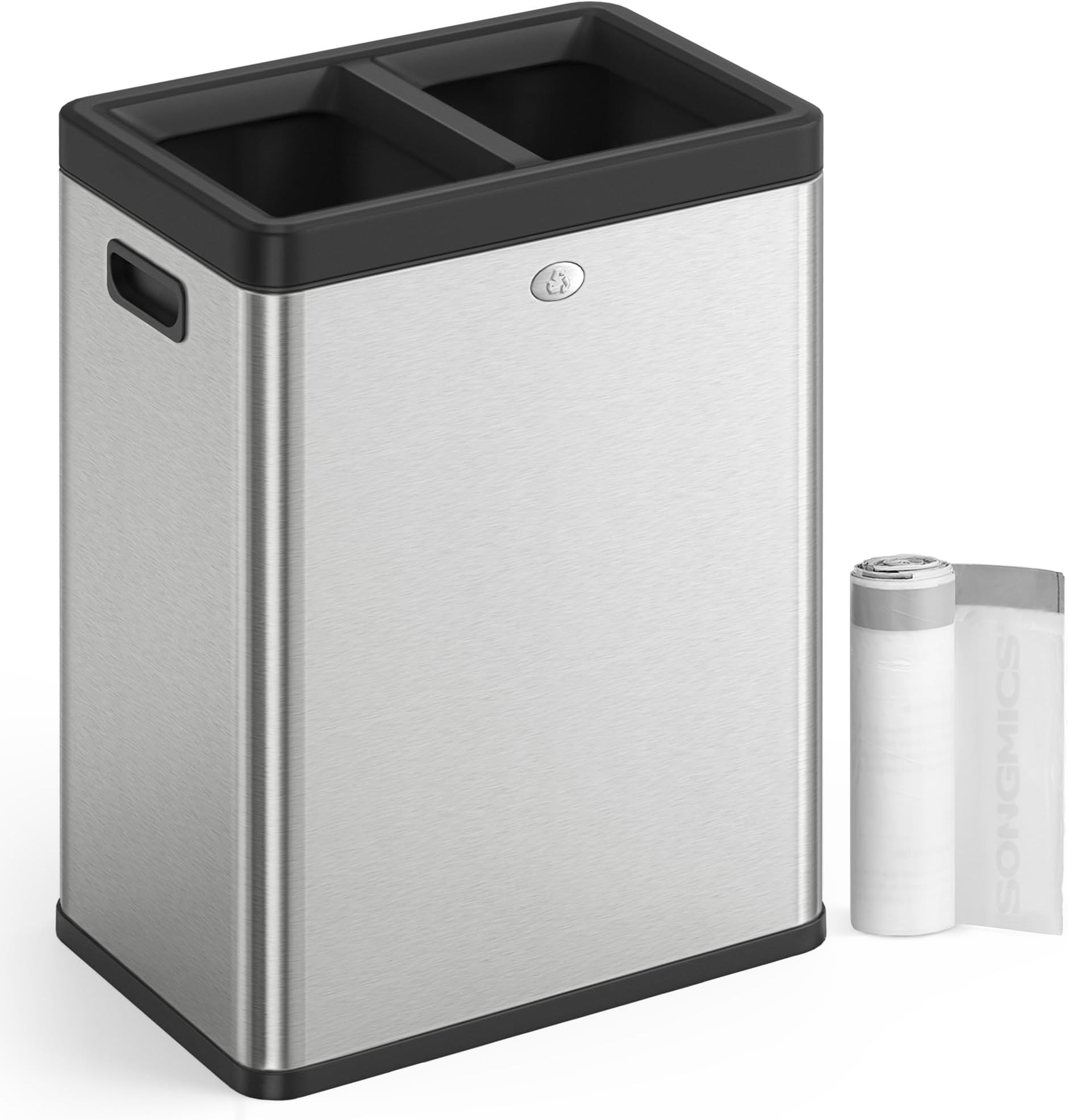 SONGMICS 2 x 6.6 Gallon Open Top Trash Can, Dual Compartment Garbage Can for Waste and Recycling, Stainless Steel, Trash Bin for Office, Restaurant, Commercial Use, Silver ULTB710E50