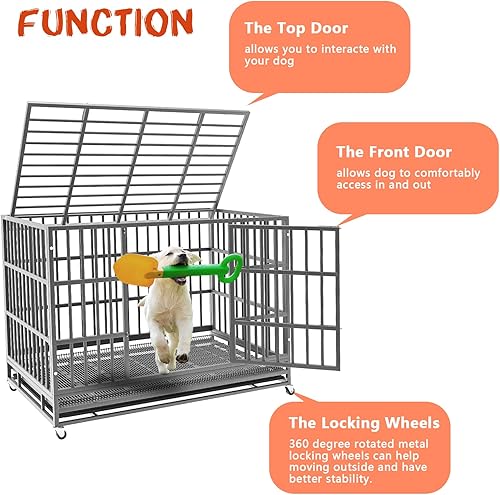 Miniatura 4 de LEMBERI - Jaula para perro indestructible y resistente de 4838 pulgadas, a prueba de escapes con ruedas bloqueables, doble puerta para evitar