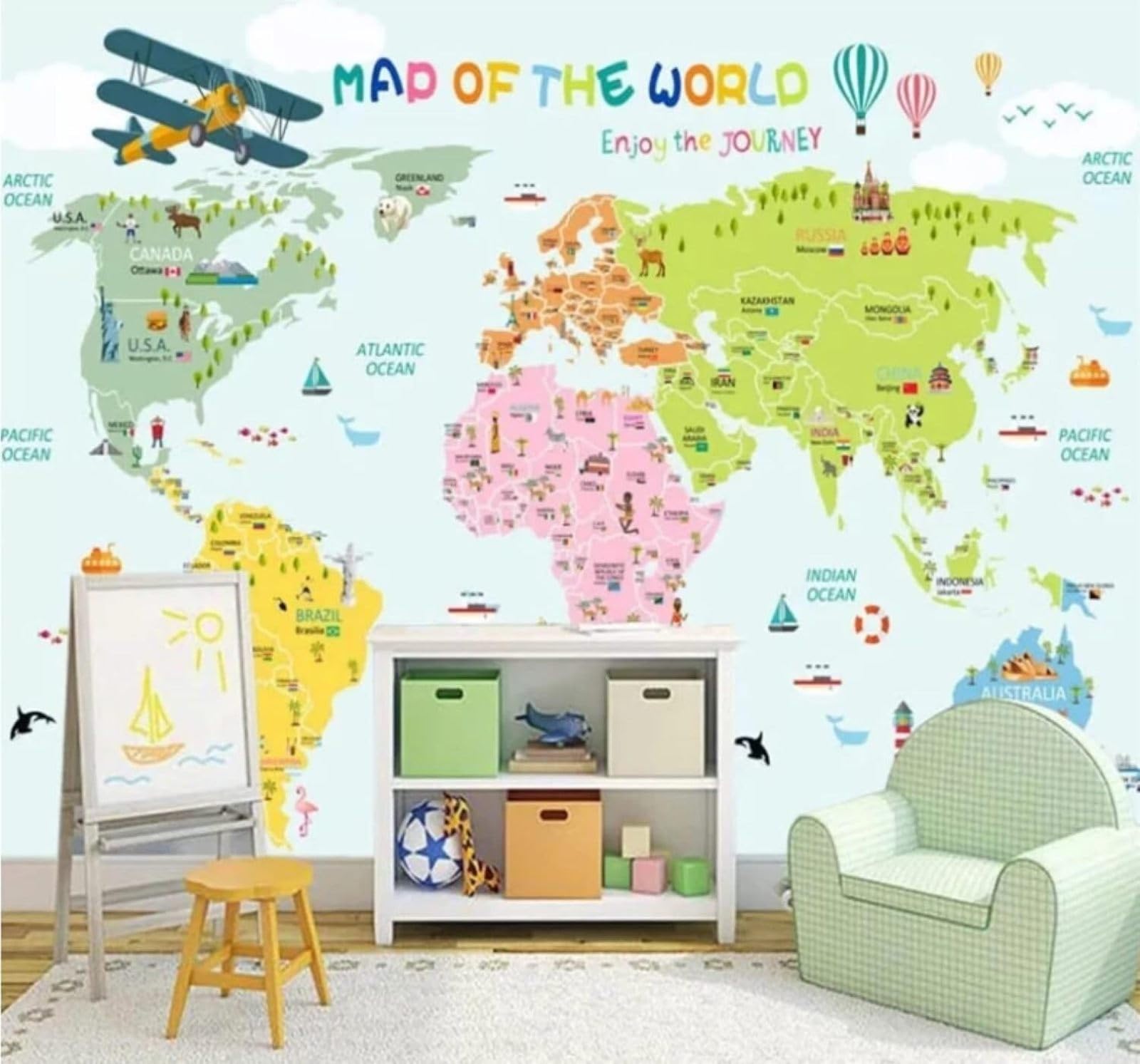 XLMING Cartoon Light Green Watercolour World Map Aeroplane 3D Wallpaper Luxury Home Dining Decor Paste Sofa Living Room The Wall for Bedroom Mural-400cm×280cm