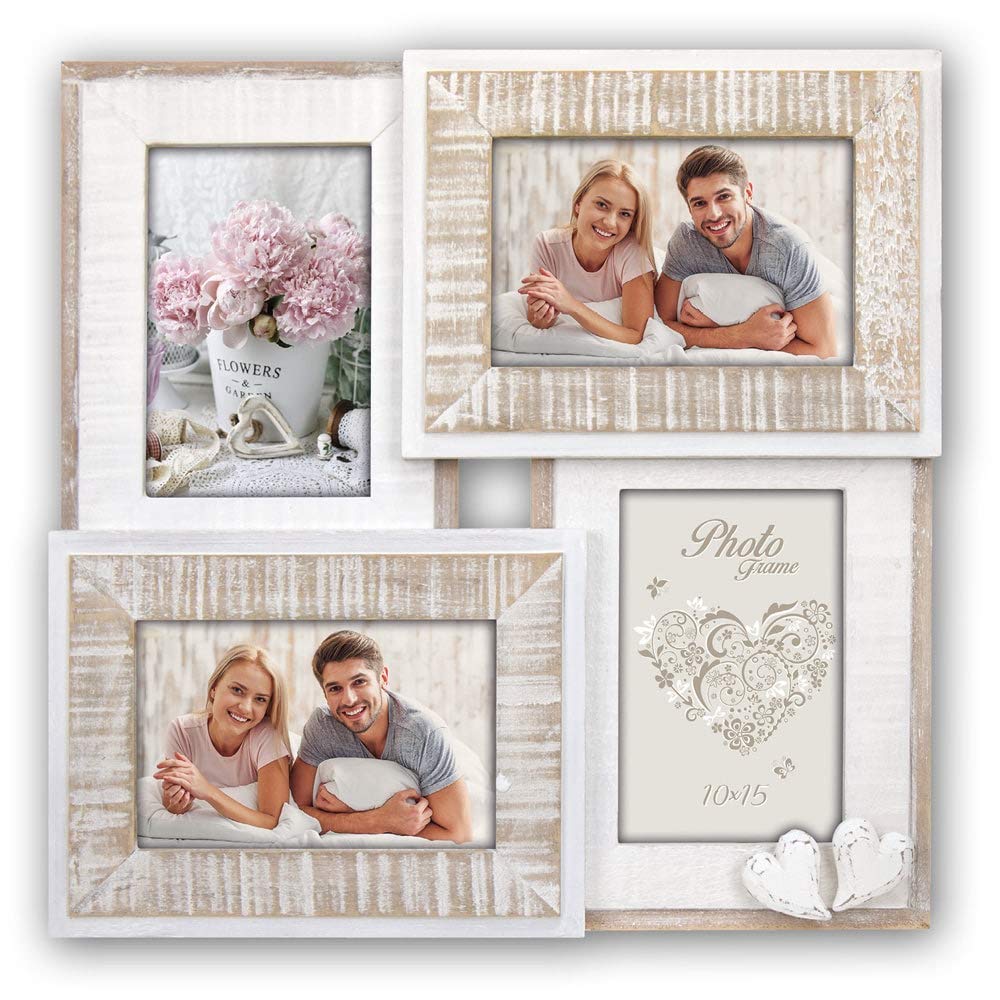 matches21 Bilderrahmen Collage Multirahmen Holzrahmen Fotorahmen Holz weiß 4 Fotos Vintage mit Herz für Hochzeit Taufe