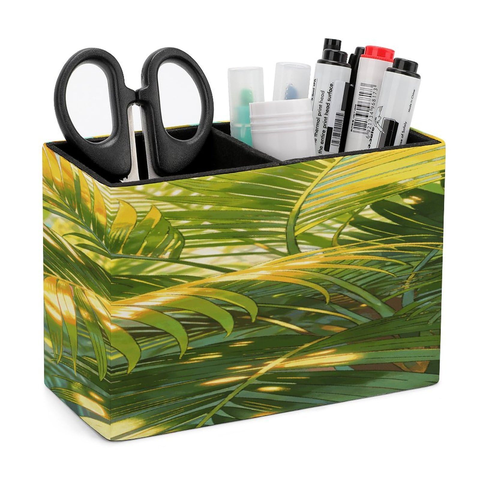 LZQPOEAS Tropical Palm Leaves Pen Holder Double Compartments Pen Cup Makeup Brush Holders Leather Pencil Holder Locker Organizer for Work Locker Accessories Modern Pencil Cup for Desk