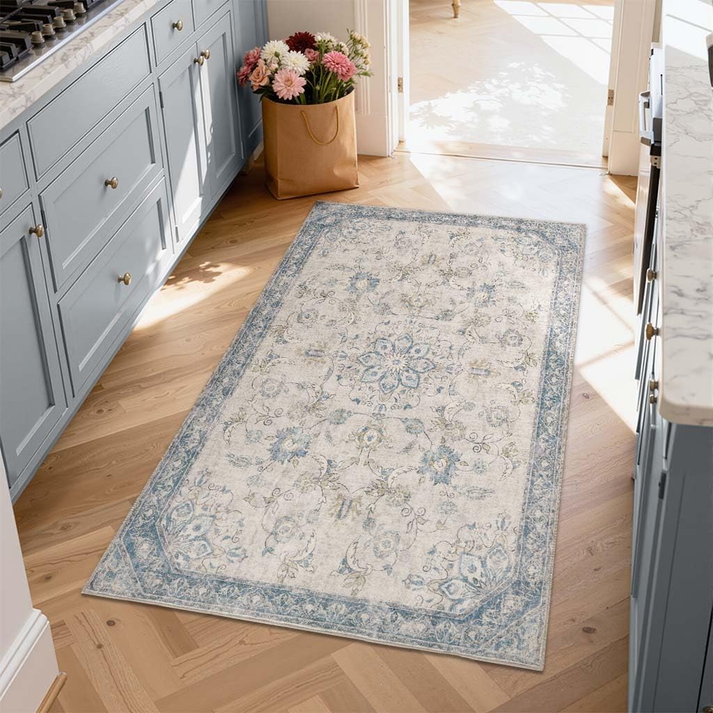 jinchan 3x5 Vintage Rug for Entryway Washable Bedroom Rug Floral Distressed Design Non Slip Thin Indoor Floor Cover Large Low-Profile Throw Carpet for Living Room Kitchen Office, Blue