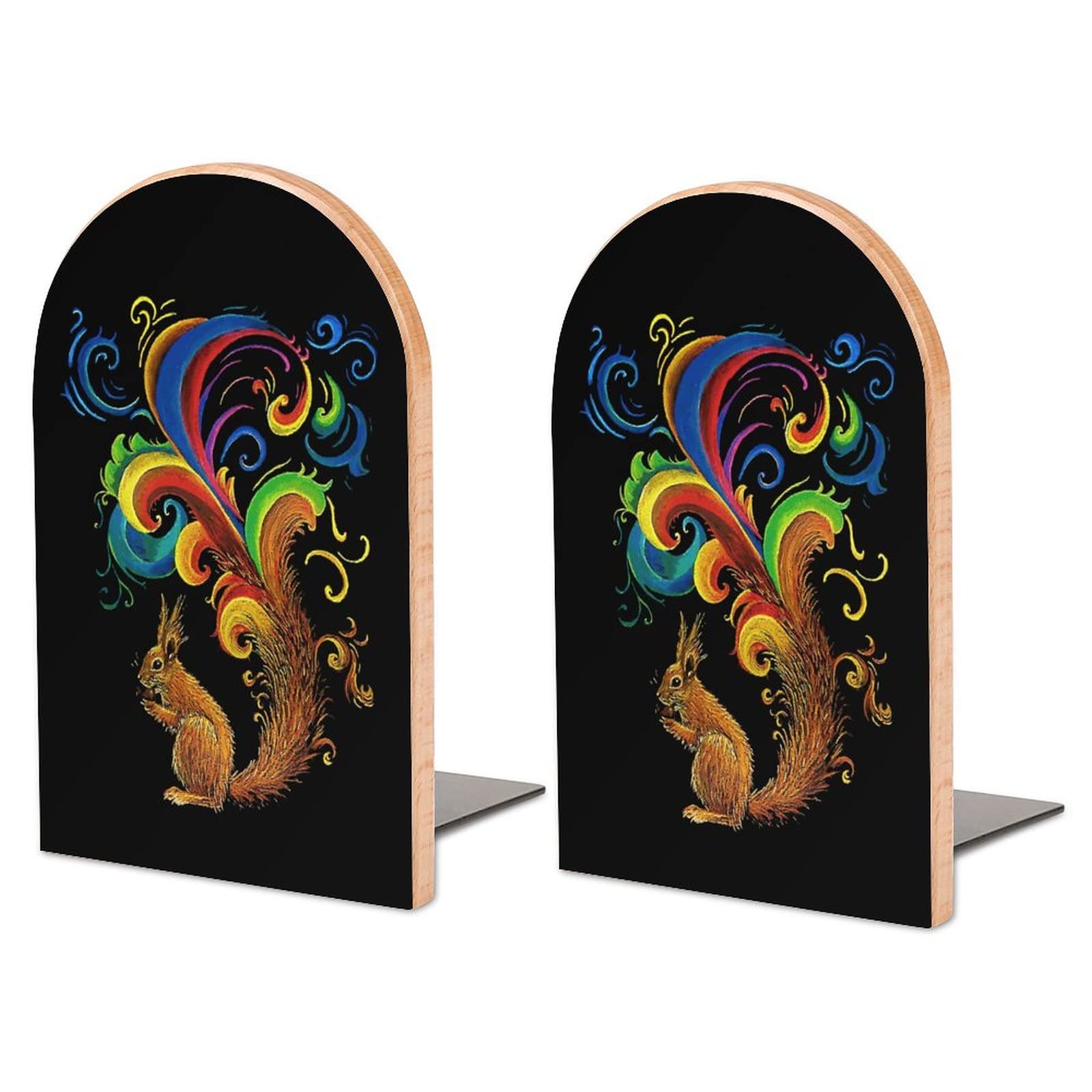 Psychedelic Squirrel Bookends Heavy Duty Book Stand 1 Pair for Home Office Shelves Decorative