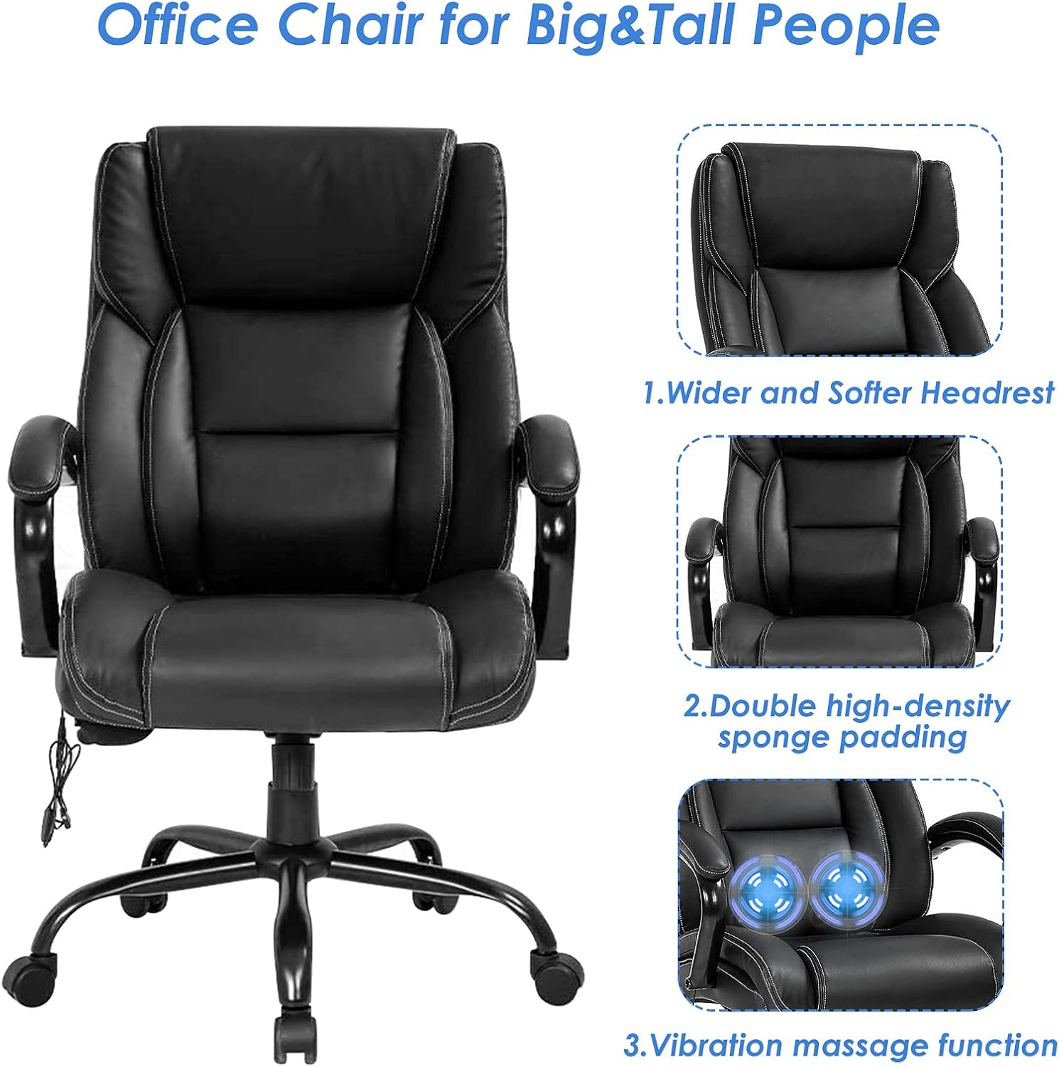 Big and Tall Office Chair 500Lb Desk Chair Wide Seat with USB Massage, Swivel Executive High Back Chair with Lumbar Support Armrest, Black PU Leather : Office Products
