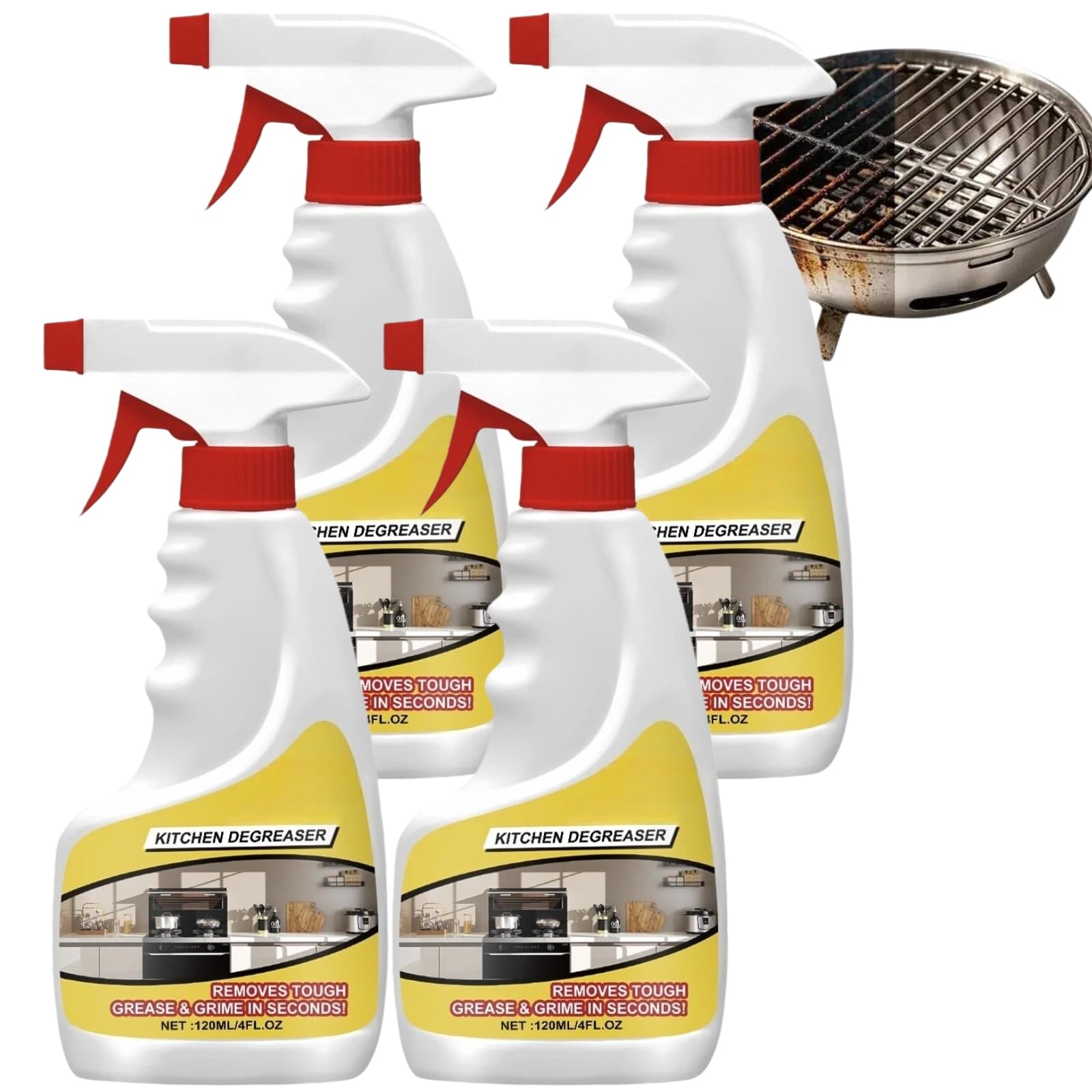 Leistungsstarker Küchenentfetter für Haushalt und Gewerbe, professioneller Grillreiniger, Fettlösespray, entfernt mühelos Fett, Räucherflecken und Grillroste, unverzichtbares Küchenutensil (4Stück)