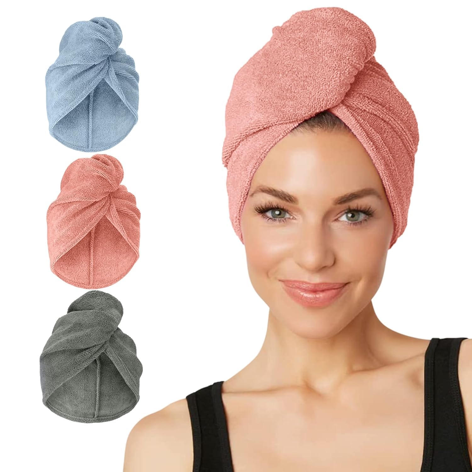 Turbie Twist Microfiber Hair Towel, Gray, Blue &amp; Pink (3 Pack)