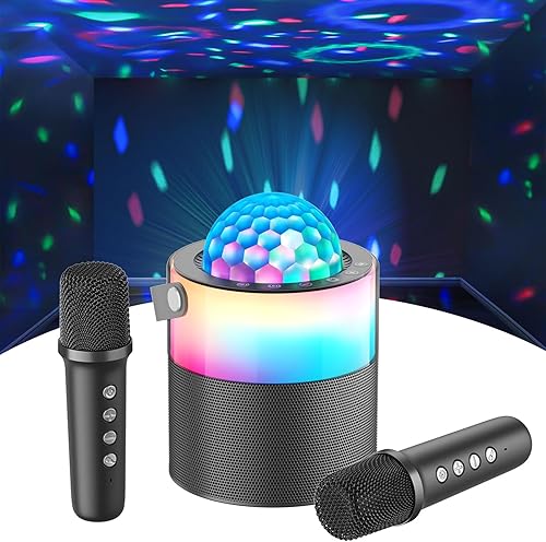 Mini máquina de karaoke para niños y adultos con 2 micrófonos inalámbricos, mini altavoz Bluetooth portátil, máquina de canto inalámbrica, luces LED
