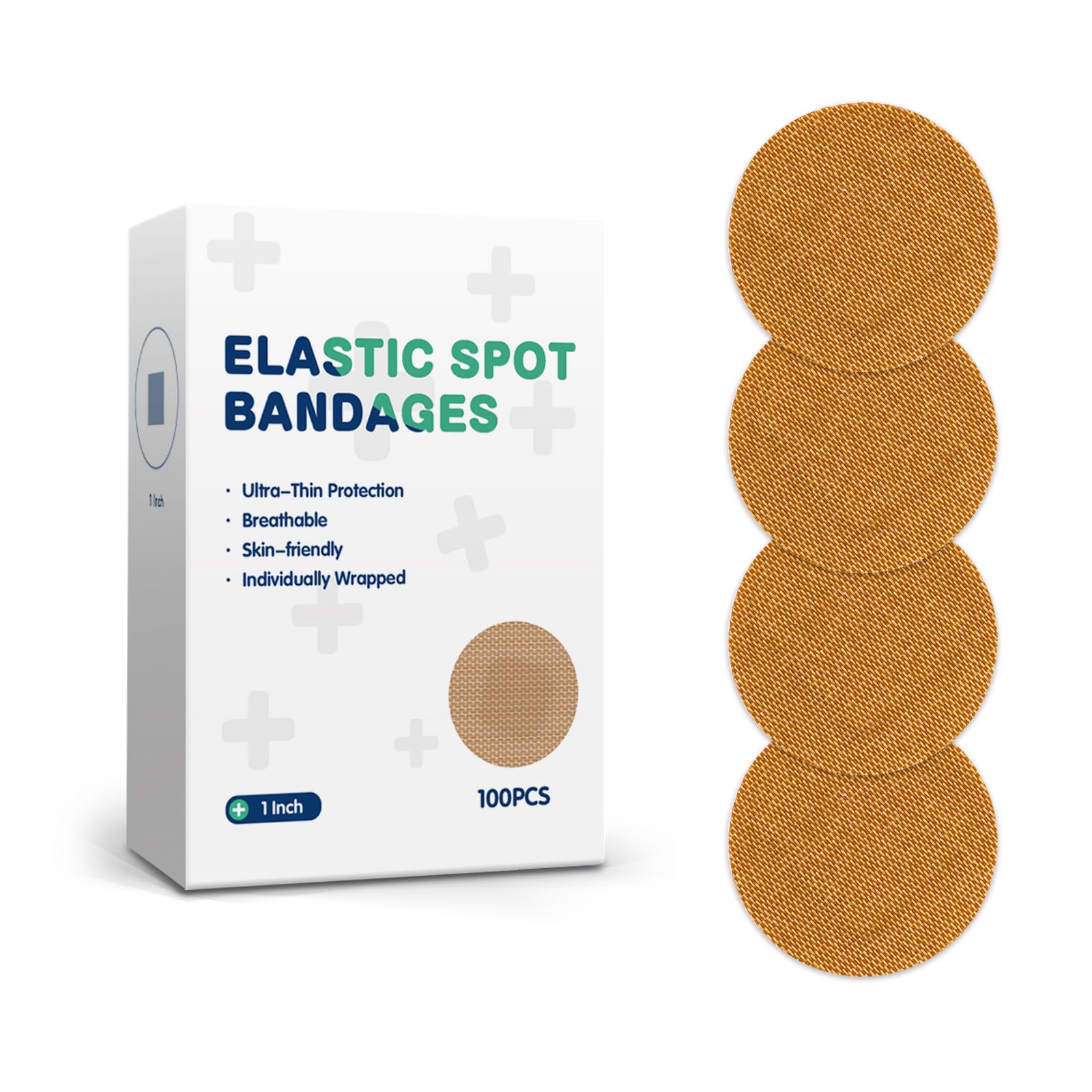 AndicAge 100PCS Adhesive Spot Bandage 1 Inch Elastic Fabric Round Adhesive Bandages with Non-Stick Pad for Hands, Arms Small Wounds,1 Boxes