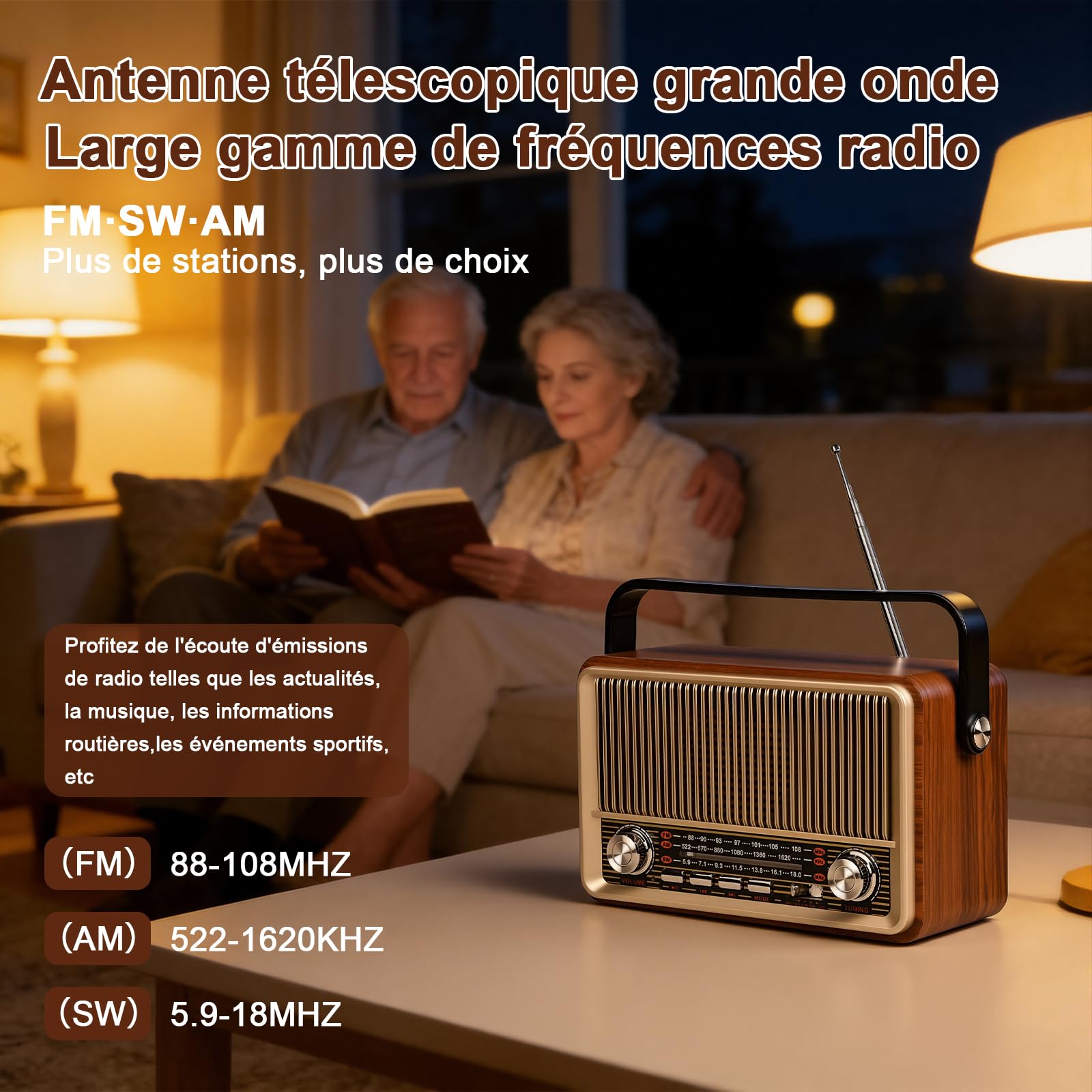 Radio Portable Poste Radio Vintage,AM/FM/SW,Radio Bluetooth Supports USB/TF/AUX,avec Batterie 1200mAh,pour Les Cuisines De La Maison Et du Bureau