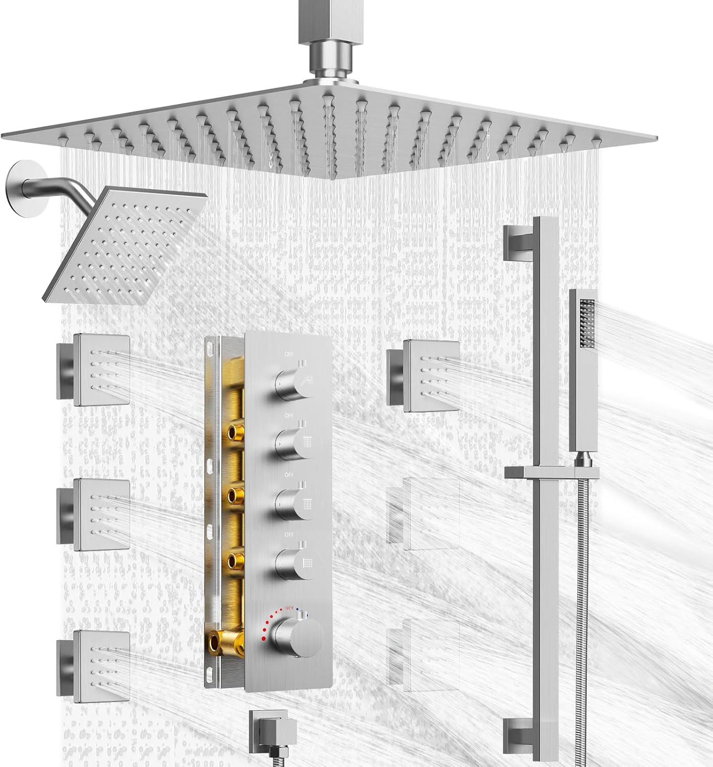 Dual Shower Heads Shower System: Aposhion Thermostatic Shower System - 16" & 6" Rainfall Shower Heads with Handheld Sprayer & 6 Body Massage Jets, Bathroom Shower Faucet Set with Valve, Brushed Nickel