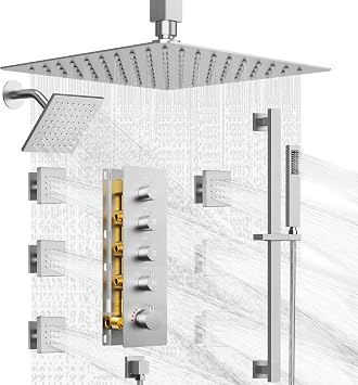 Dual Shower Heads Shower System Aposhion Thermostatic Shower System - 16" & 6" Rainfall Shower Heads with Handheld Sprayer & 6 Body Massage Jets, Bathroom Shower Faucet Set with Valve, Brushed Nickel