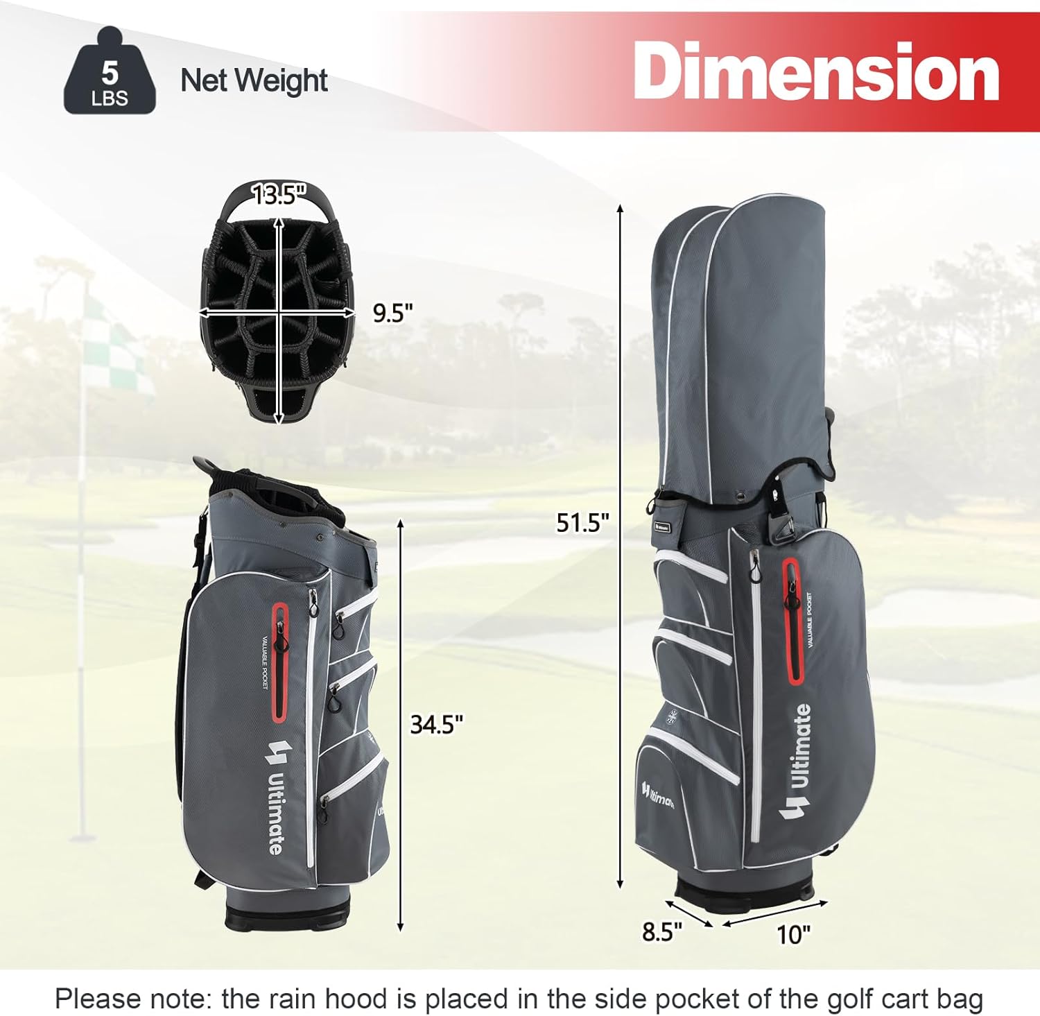 GYMAX Golf Cart Bag, 15-Way Divider with 7 Pockets, Rain Hood, Umbrella Holder & Gloves Stickers, Unisex Adults Golf Clubs Bag