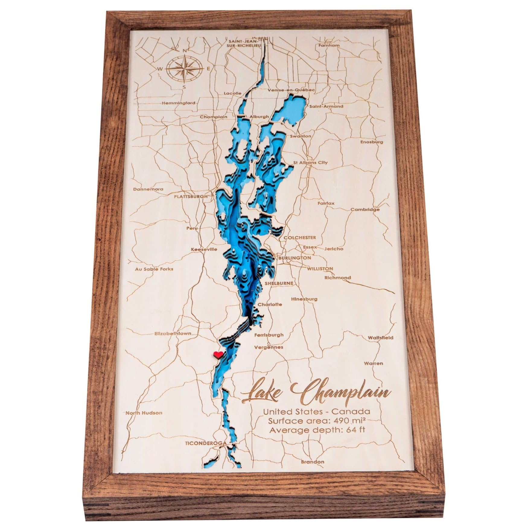 Moc Tho Custom 3D Wood Lake Champlain Map - Blue - 9 Layers - Personalized Laser-Cut Nautical Chart Art, Rustic Wall for Lake House Décor, 5th Anniversary, Housewarming, Gifts for Dad Mom