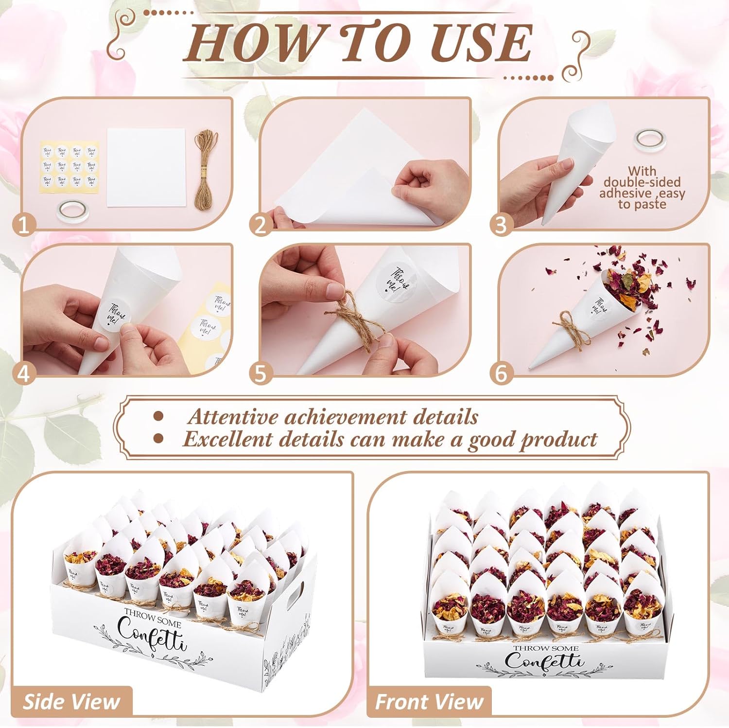 Wedding Confetti Cones Sets with 300g (10.58 Oz) Biodegradable Dried Flowers White Petal Confetti - 60 Paper Cones, Tray & Stickers For Bridal Shower, Engagement Party, Baby Shower & Photos