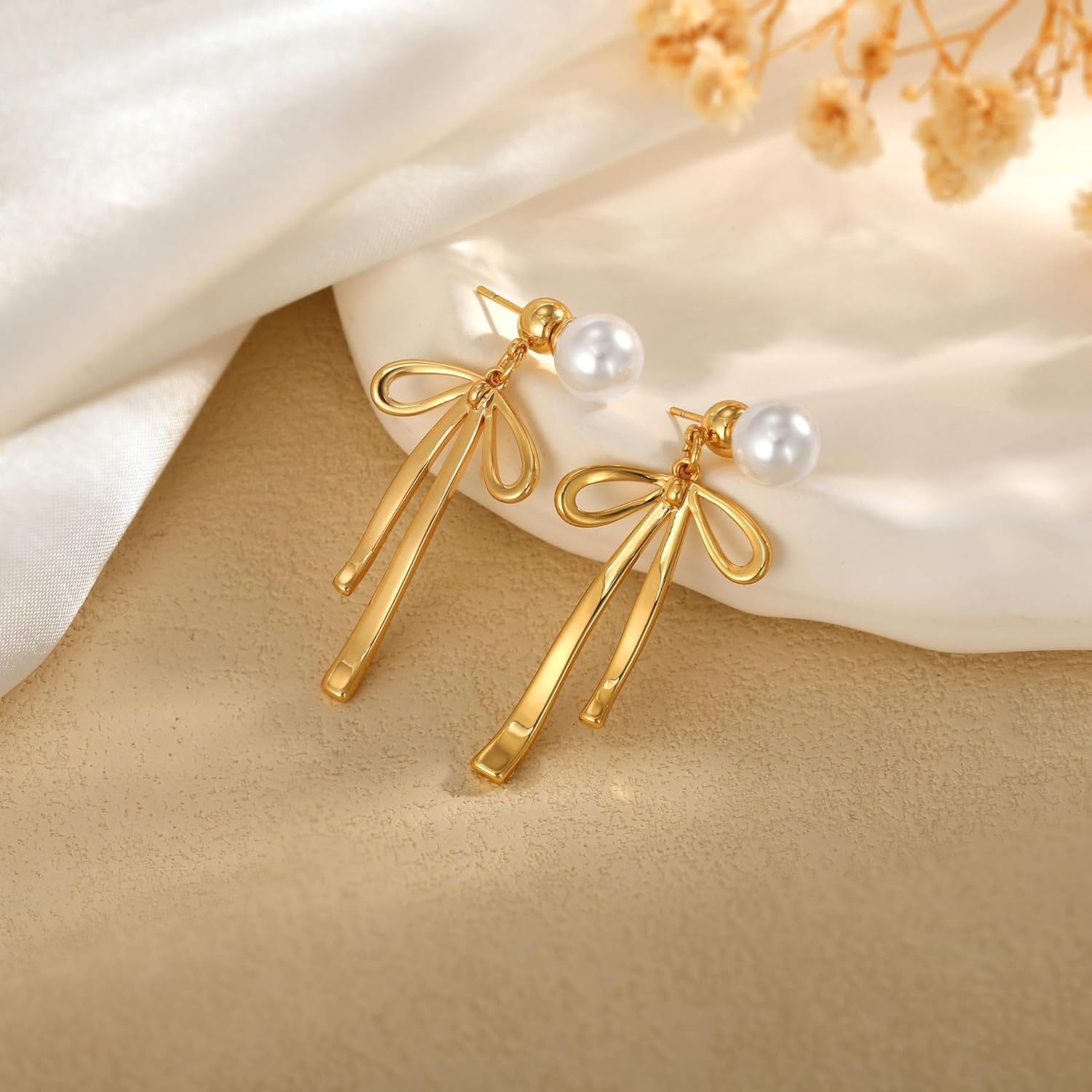 Gold Bow Earrings Necklace for Women Trendy Pearl Bow Dangle Earrings Dainty Necklace Cute Small Tiny Gold Bow Pendant Choker Chain Necklace Christmas Jewelry Set Gifts - Image 2