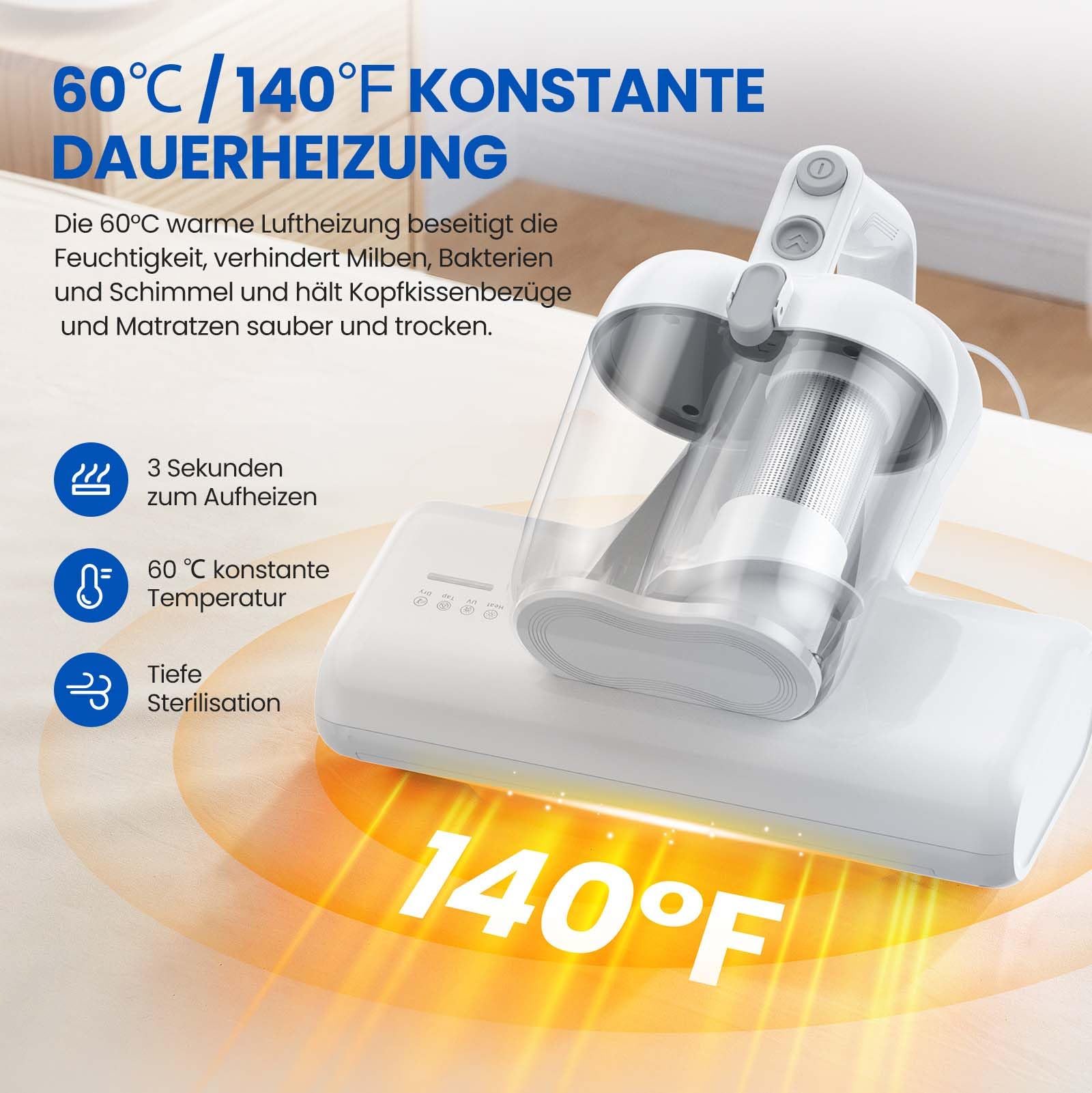 Milbensauger Matratzenreiniger 16Kpa UV-Licht HEPA-Filter Heißluftfunktion Staubmilben-Sensor Ultraschall 600W Handstaubsauger Weiß
