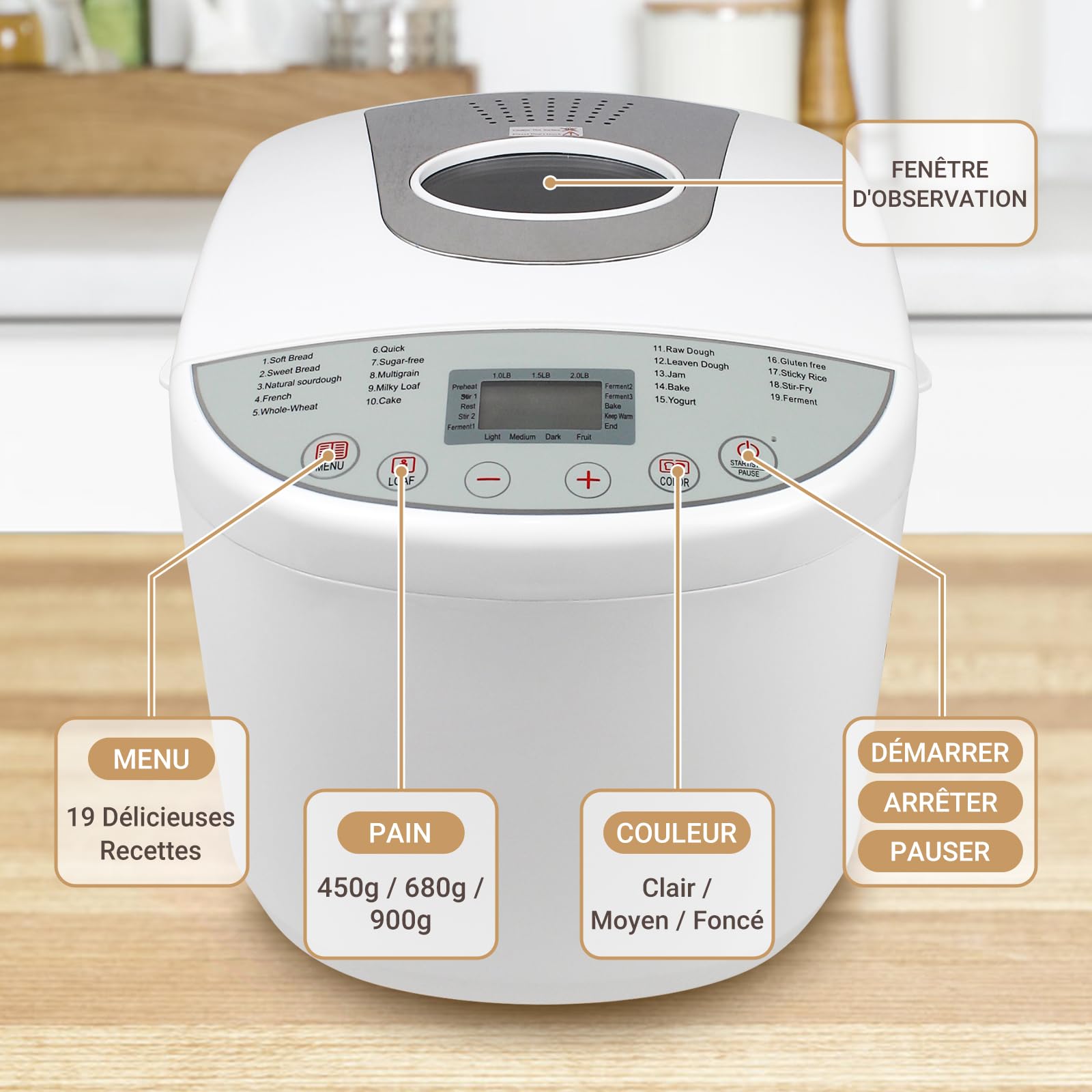 Todeco Machine à Pain 19 Programmes 3 Tailles 1.0/1.5/2.0LB