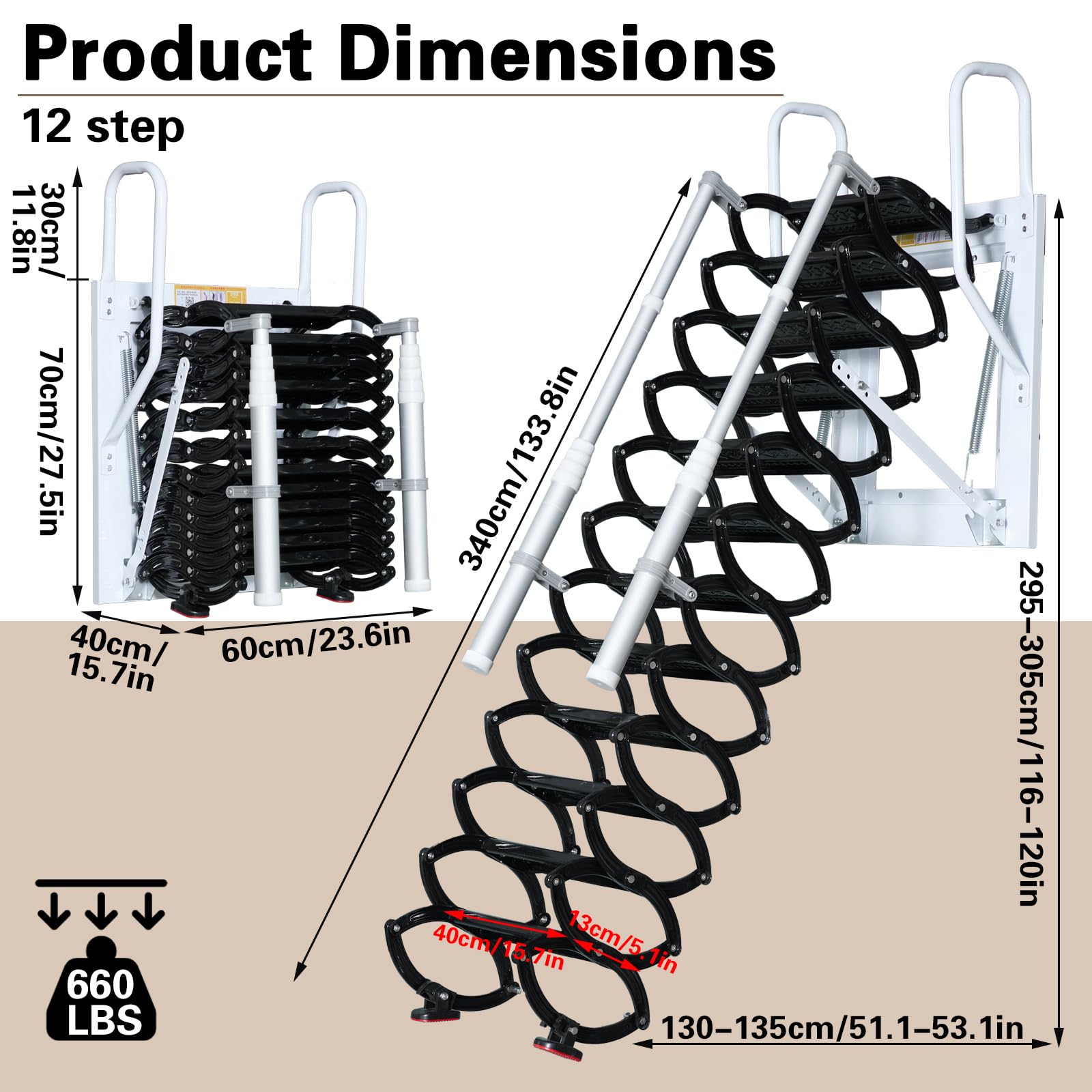 Escalera telescópica para ático montada en la Pared, Escaleras para ático desplegables con reposabrazos, Escaleras de ático de Pared abatibles, Exteriores (Blanco, A-12)