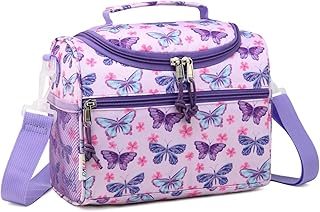 RAVUO Lunch Box for Girls, Insulated Cute Butterfly Lunch Box with Strap and Bottle Holder Cooler Lunchbox Back to School Thermal Meal Tote Kit for Toddler
