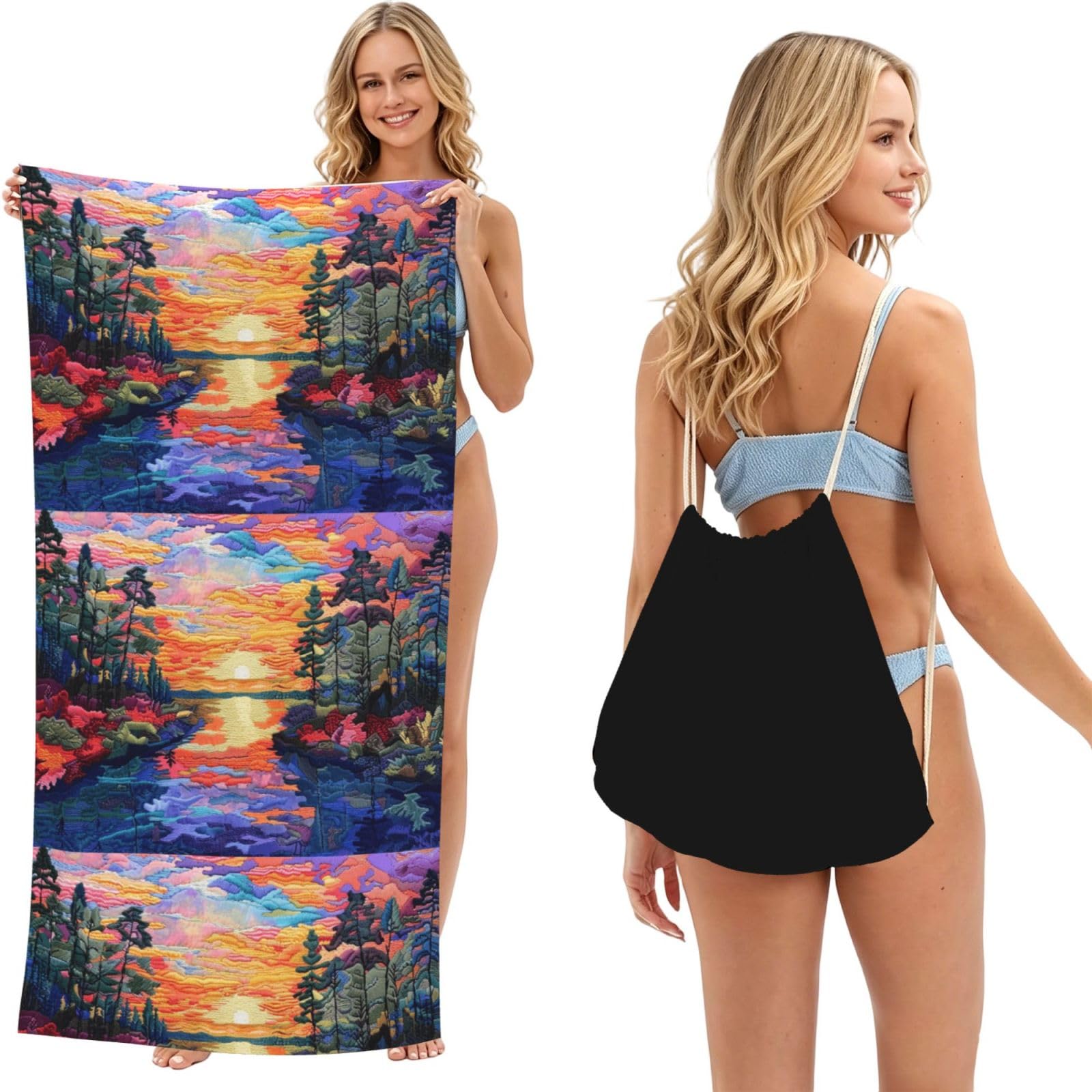 SKGOHLH Brilliant landscape painting 2in1 Packable Beach Towel Bag Women