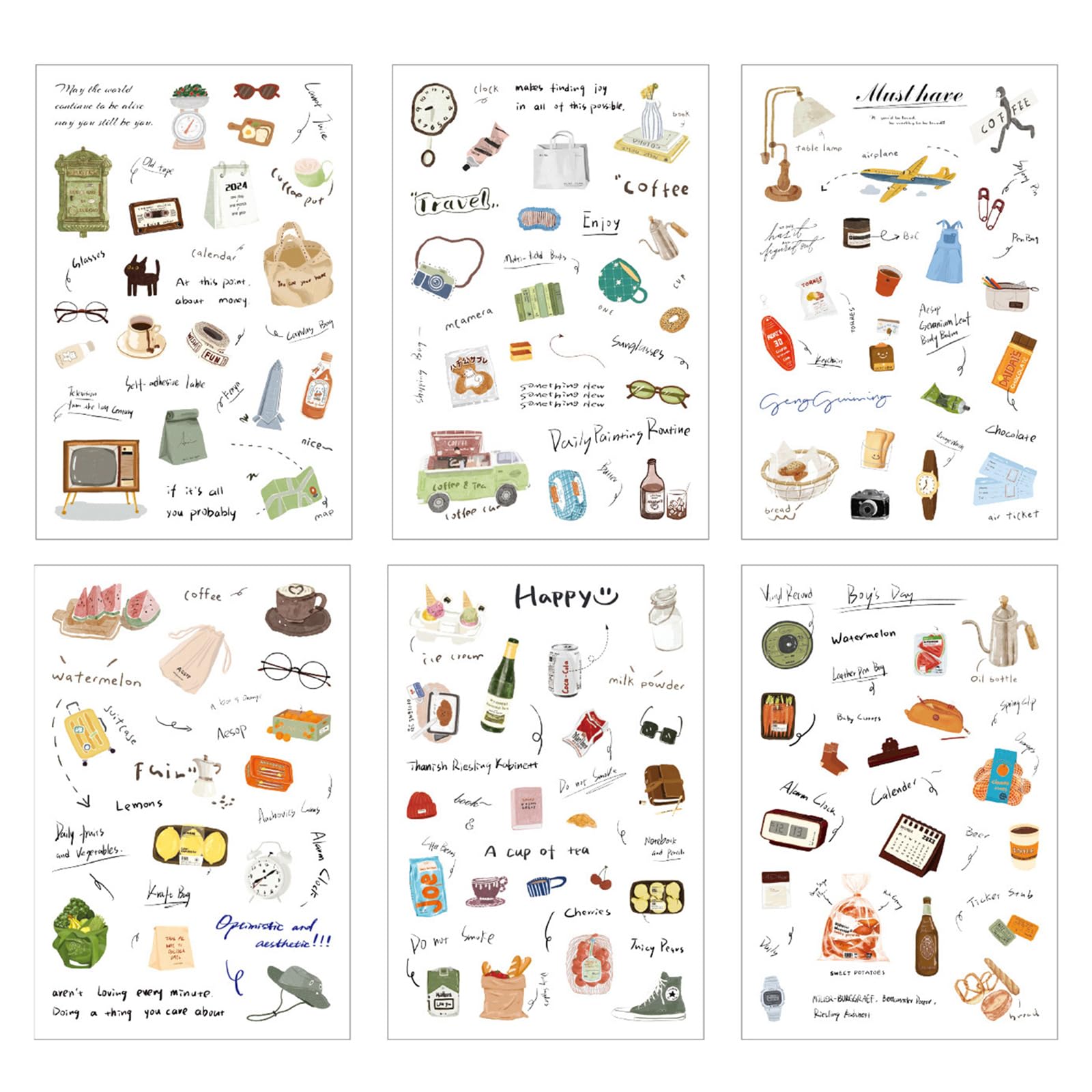 6Sheets Cartoon Scrapbooking Sticker Waterproof PET for Journaling Notebook Photo Album Phone Case Decoration Journaling