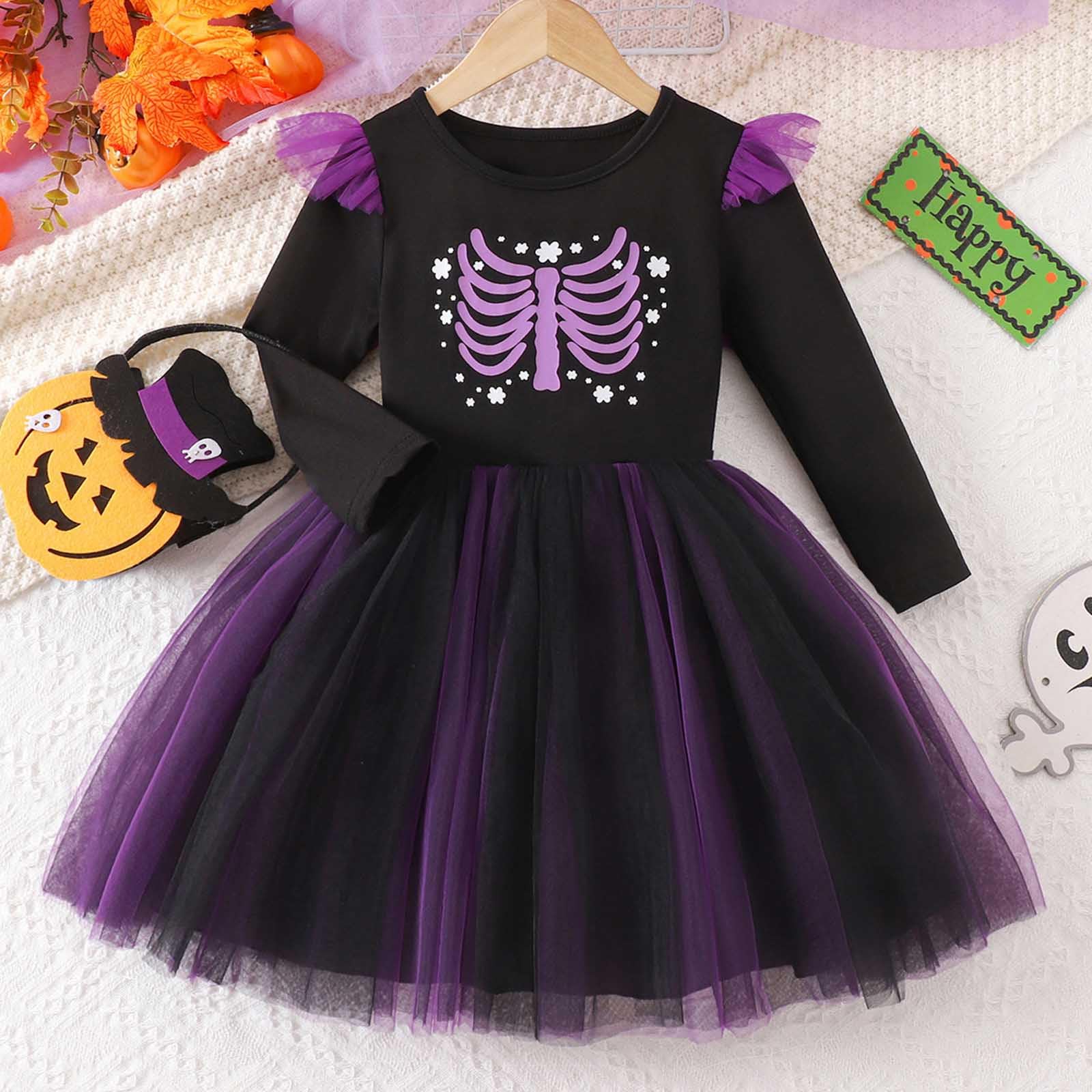 Generisch Halloween Kostüm Teenager Mädchen - Halloween Langarm Kleid Gothic Party Outfit Elegante Cosplay Kleid Für Kinder Hexe Fee