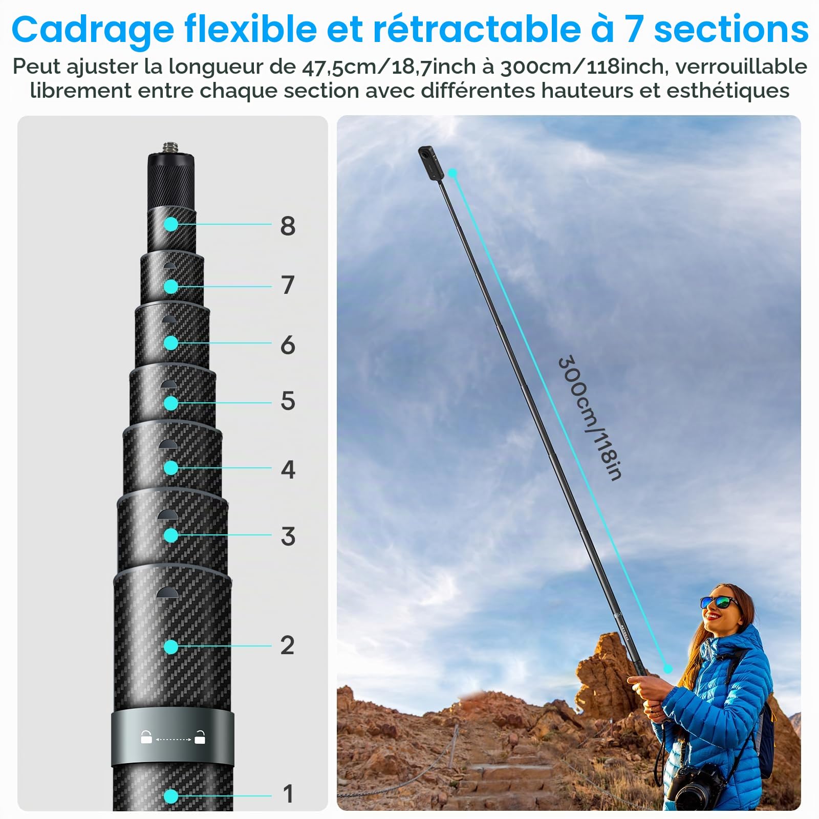 REYGEAK 300cm / 118 "Extended Selfie Rod pour insta360 X4, 7 Pieds Extra Long Invisible Selfie Rod avec 1/4 vis Fibre de Carbone Étanche Extension Monopode pour inst360 X4 / X3 /X2 / One