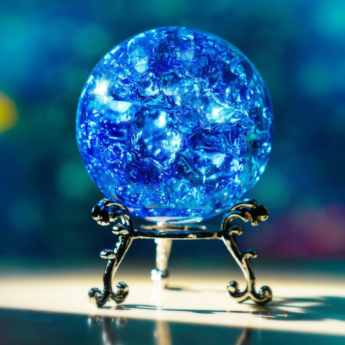 kanpura 60mm Ice Cracked Crystal Ball Paperweight Crystal Ball with Stand Glass Ball Ornament for Christmas Home Decor(Blue)