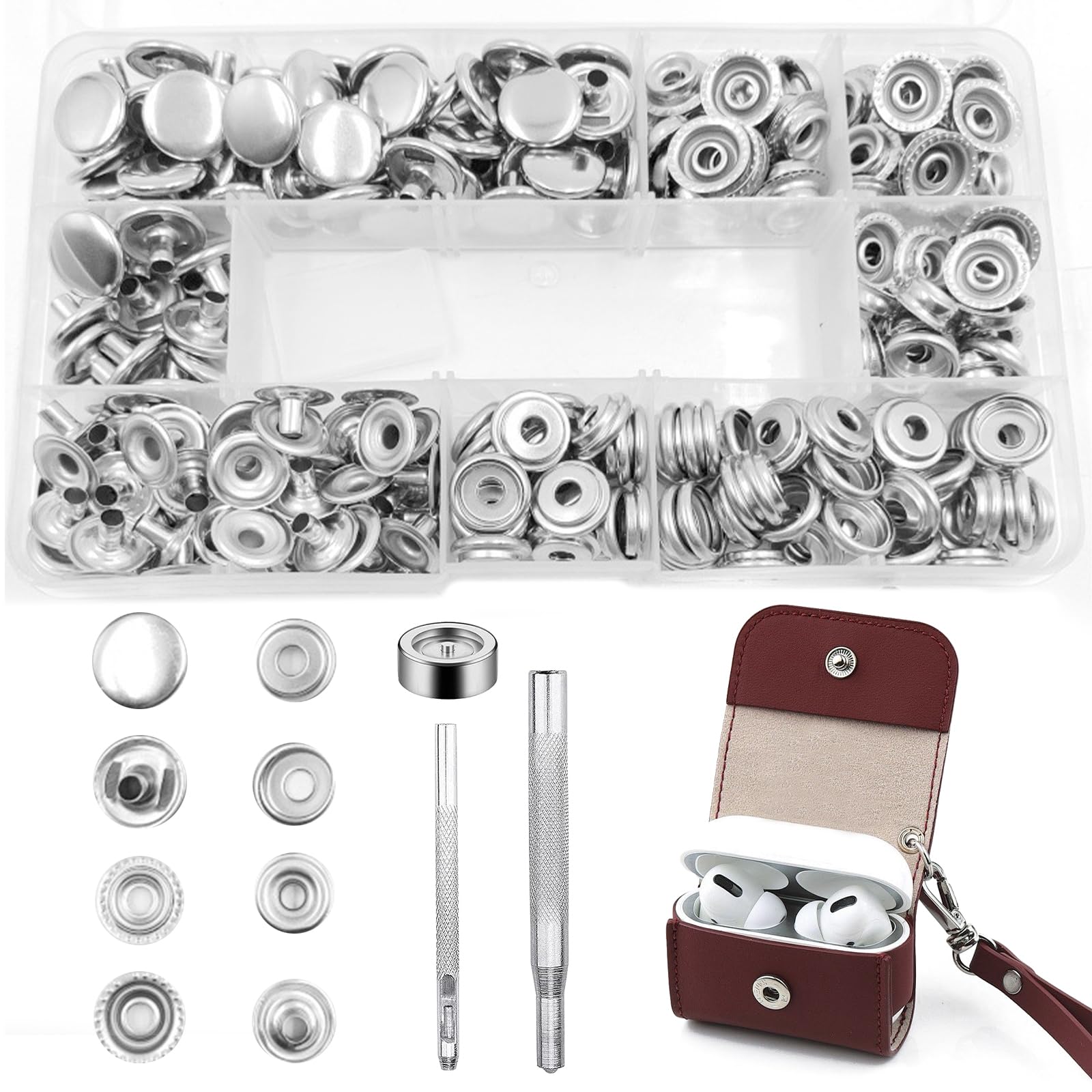 300 Pieces Metal Snap Fasteners, 15 mm Metal Snap Buttons with Fixing Tool Rivet Metal Snaps Buttons for Leather Crafts