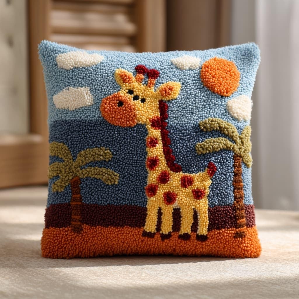 Taxpy DIY Latch Hook Pillow Kit Pre-Printed Hook and Latch Rug Kits Giraffe 17X17 Inch.Cross-Stitch Embroidery Cushion Cover for Home Sofa Decoration