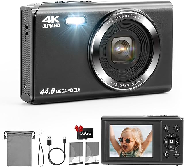 SOPPY Digital Camera, FHD 1080P 44MP Compact Camera,Vlogging Camera with 32G SD Card, 2.4" LCD Screen Rechargeable Camera with 16X Digital Zoom, Mini Camera for Boys Girls Kids Beginners, Black